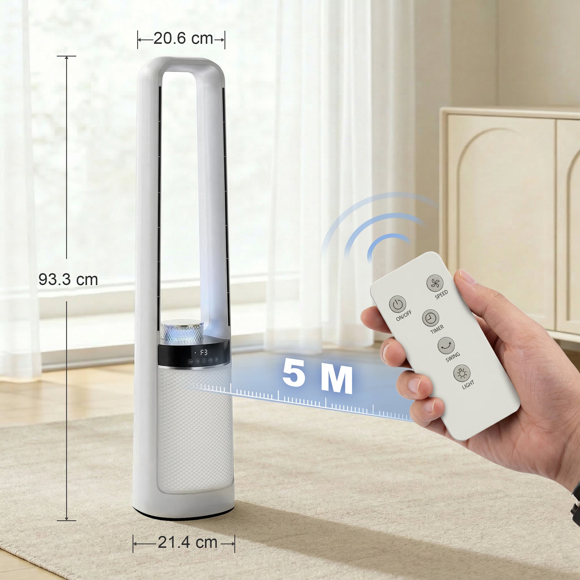 HOMCOM Bladeless Tower Fan, 36dB Standing Cooling Fan with 45Â° Oscillating, LED Lights, 3 Speeds, 12H Timer, Remote Control