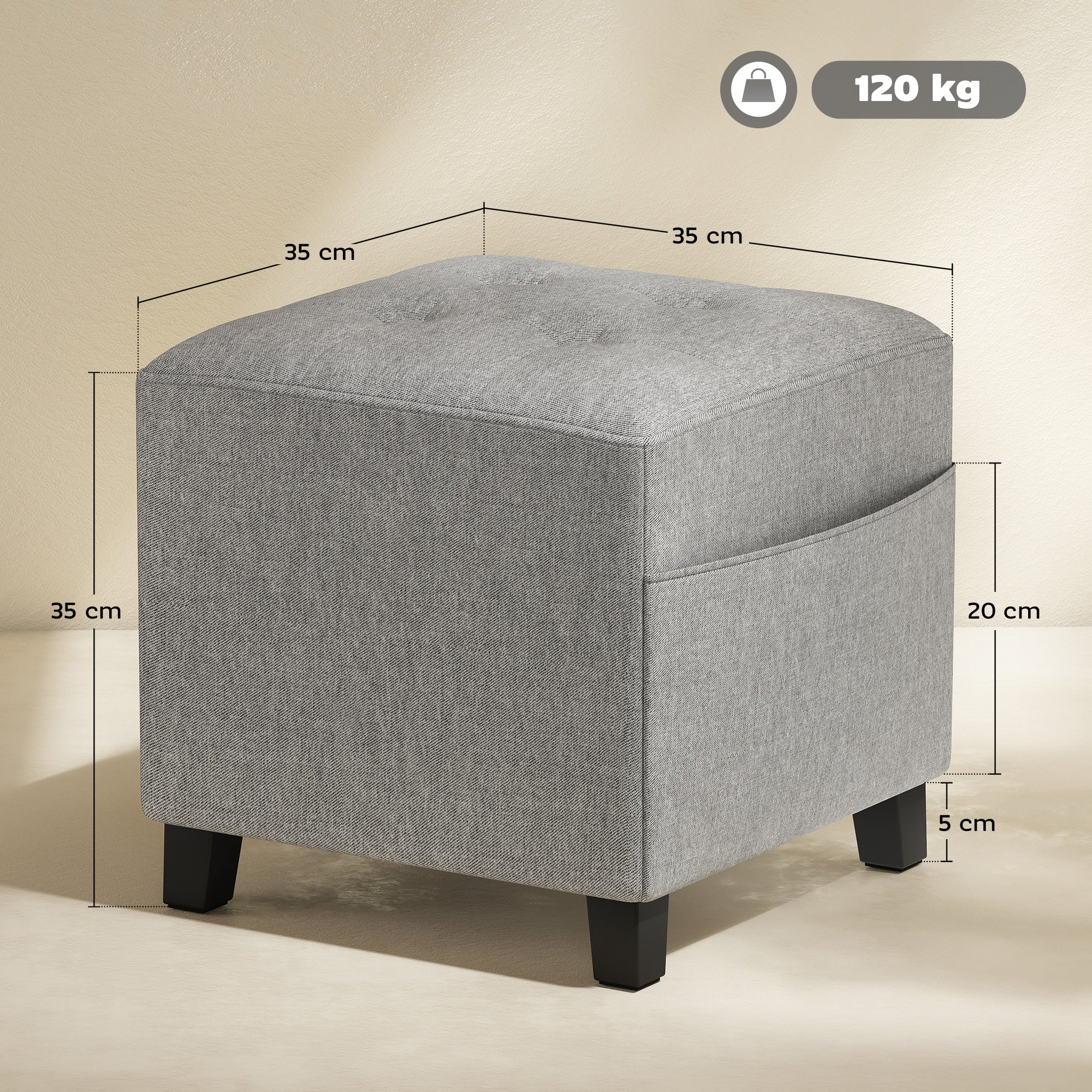 HOMCOM Square Footstool, Small Ottoman with Side Pocket, Linen Fabric Footrest Foot Stool with Rubber Wood Legs and Padded Seat for Living Room, Bedroom, Entryway, 35 x 35 x 35cm, Light Grey