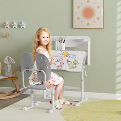 AIYAPLAY Height Adjustable Kids Desk and Chair Set, Children School Study Desk with Tiltable Desktop, Reading Rack, Grey