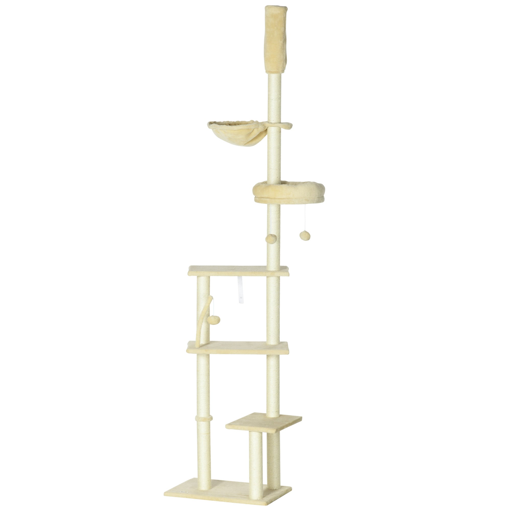 PawHut Floor to Ceiling Cat Tree for Indoor Cats, 6-Tier Play Tower Climbing Activity Center with Scratching Post, Platforms, Bed, Hammock, Adjustable Height 230-250cm, Beige