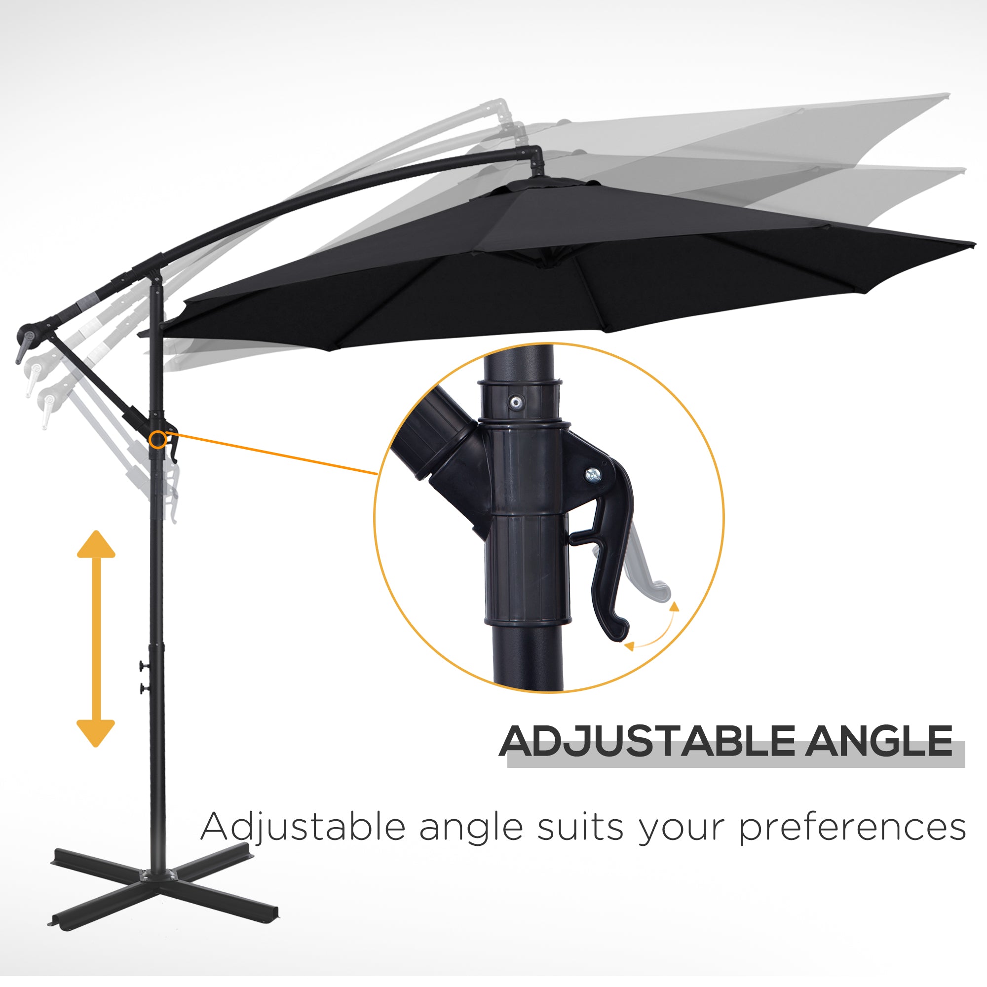 Outsunny 2.45m Overhanging Cantilever Parasol, Heavy Duty Waterproof Garden Umbrella with Cross Base, Black