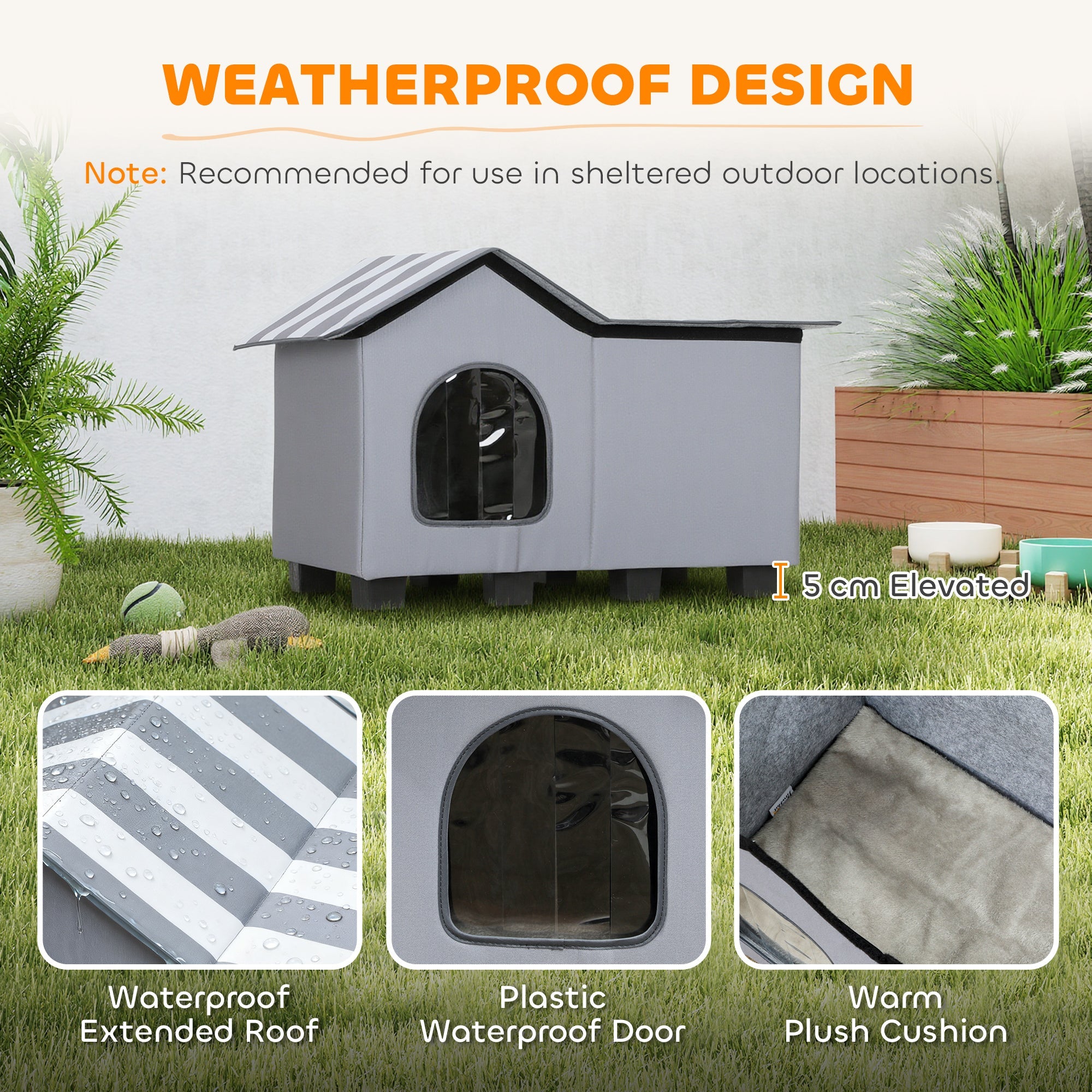 PawHut Outdoor Cat House, Weather Resistant Feral Cat Cave with Elevated Base and Cushion for Winter, Grey