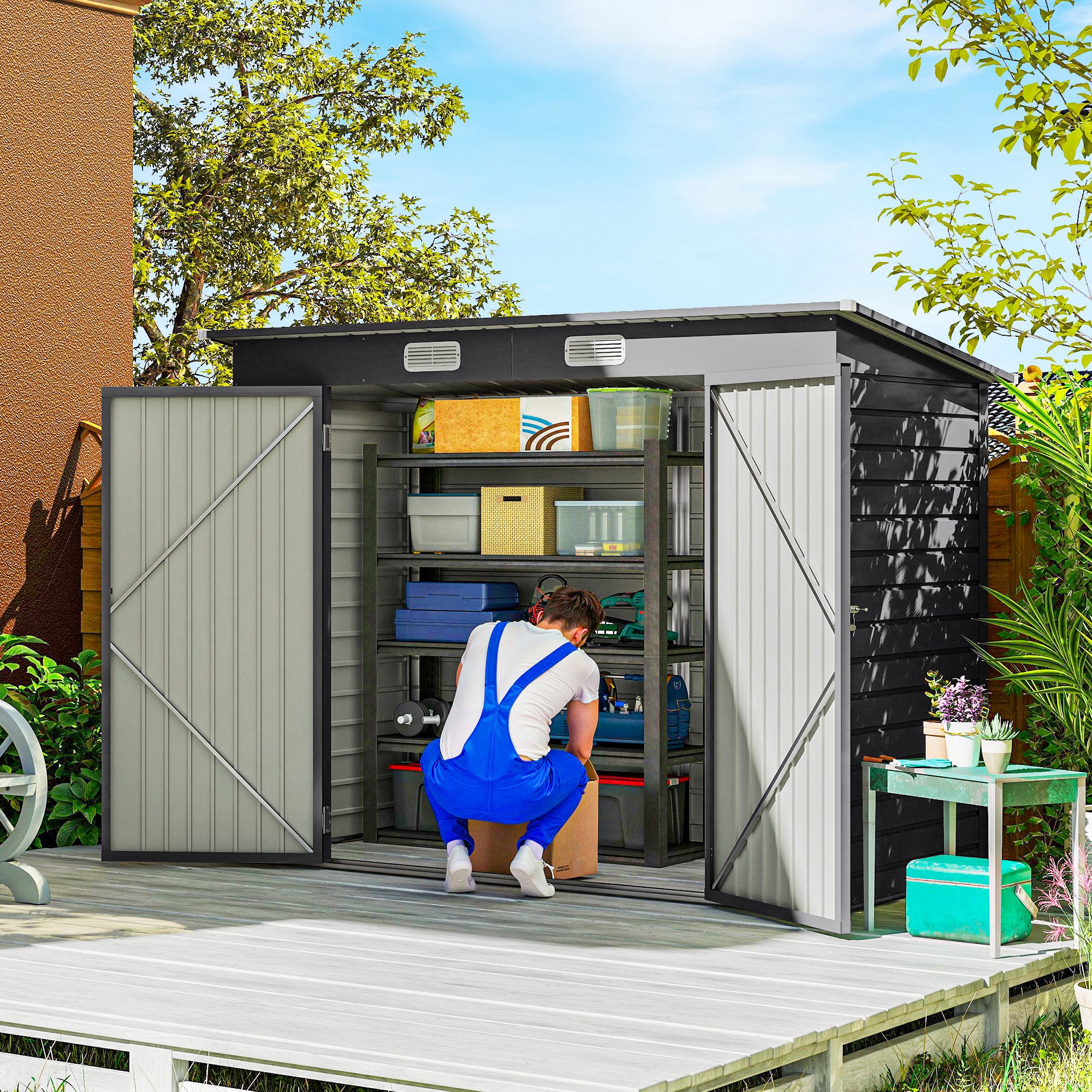 Outsunny 3.7 x 7.9ft Galvanised Steel Shed, with Latched Door and Padlock - Grey