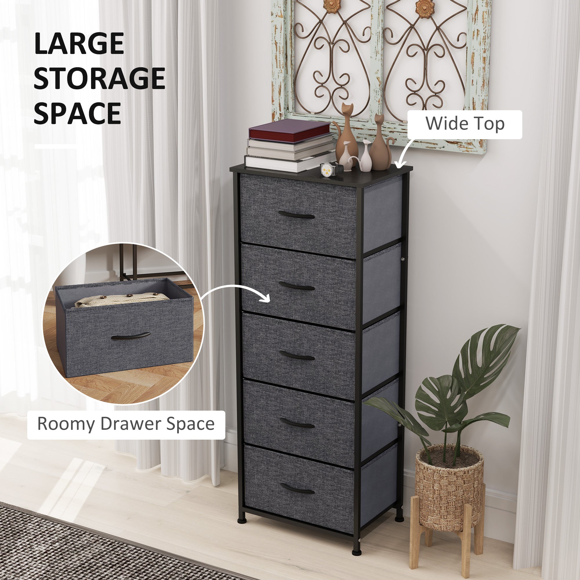 HOMCOM Fabric Chest of Drawers, Industrial Bedroom Dresser with 5 Fabric Drawers, Steel Frame and Wooden Top for Nursery, Living Room, Hallway, Dark Grey