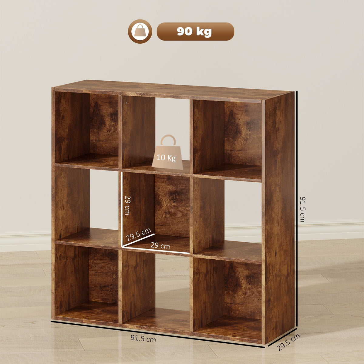 HOMCOM 3-tier 9 Cubes Storage Unit Particle Board Cupboard Bookcase Organiser Home Office Shelves, Rustic Brown