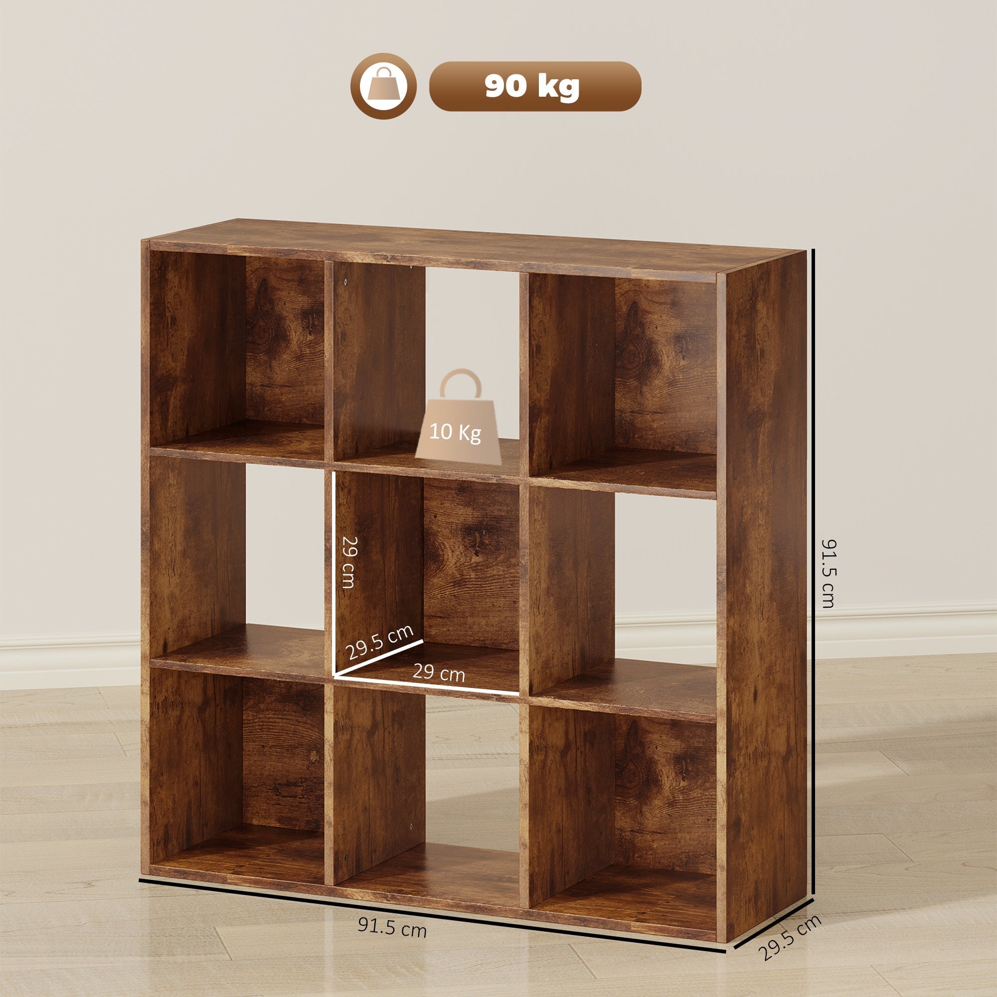 HOMCOM 3-tier 9 Cubes Storage Unit Particle Board Cupboard Bookcase Organiser Home Office Shelves, Rustic Brown