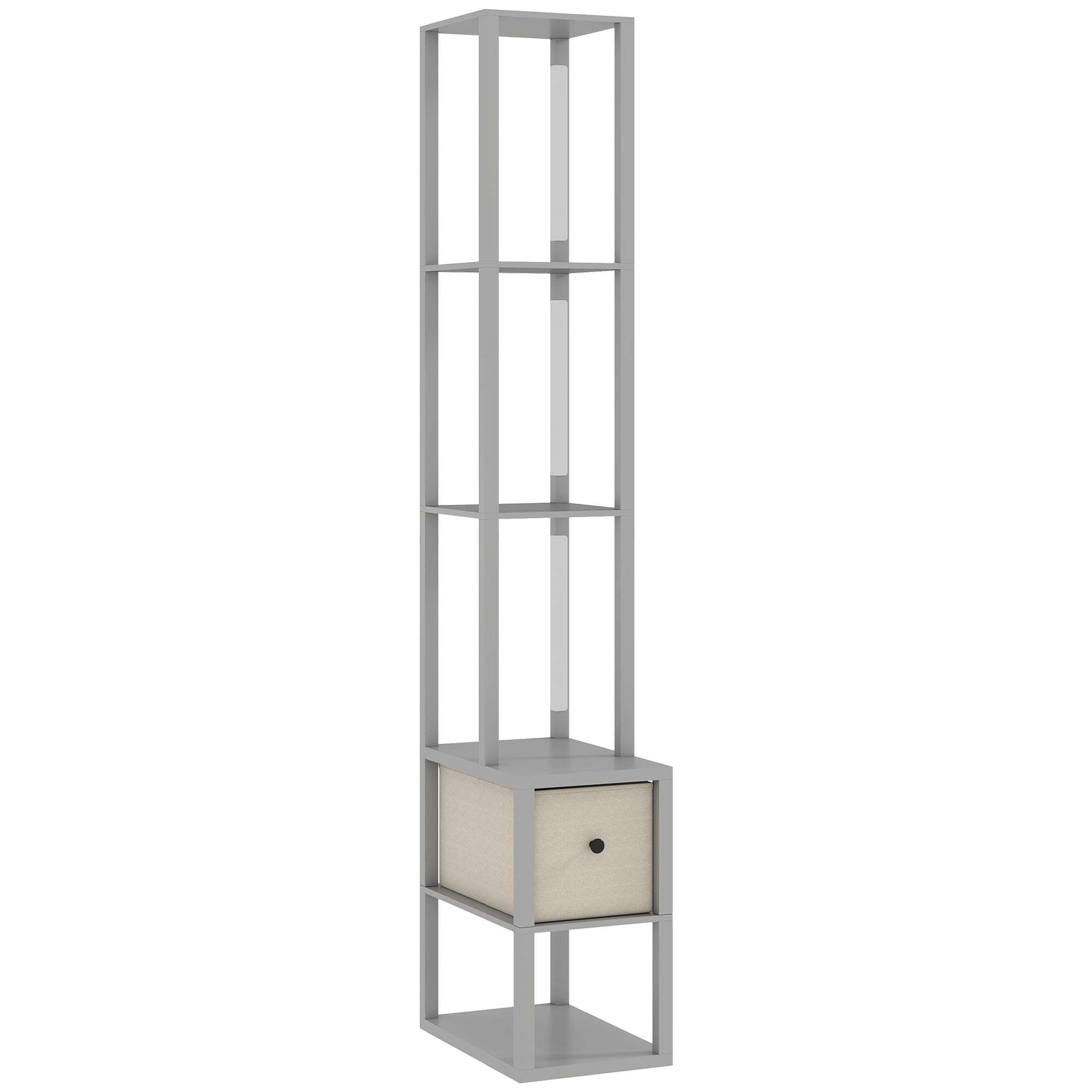 HOMCOM Floor Lamp with Shelves, LED Column Modern Standing Lamp with Fabric Drawer, Adjustable Brightness, Foot Switch for Living Room, Bedroom, Office, Grey