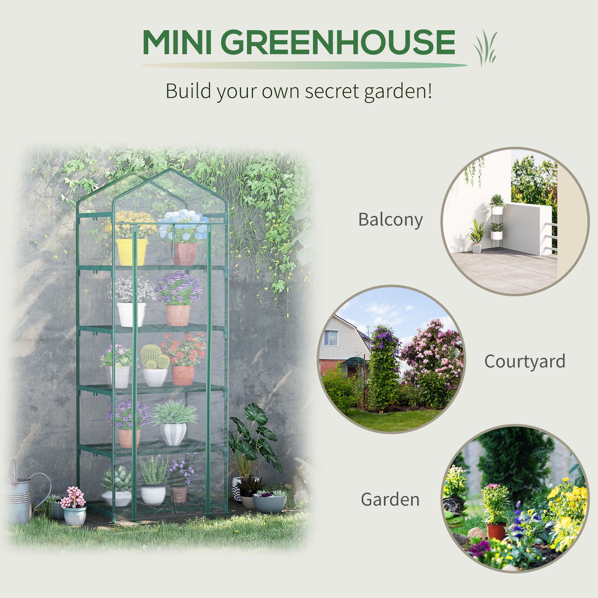 Outsunny 5 Tier Mini Greenhouse, Small Walk-in Greenhouse with Reinforced Plastic Cover, Garden Grow House with Roll Up Door and Shelves, 69 x 49 x 193cm, Green