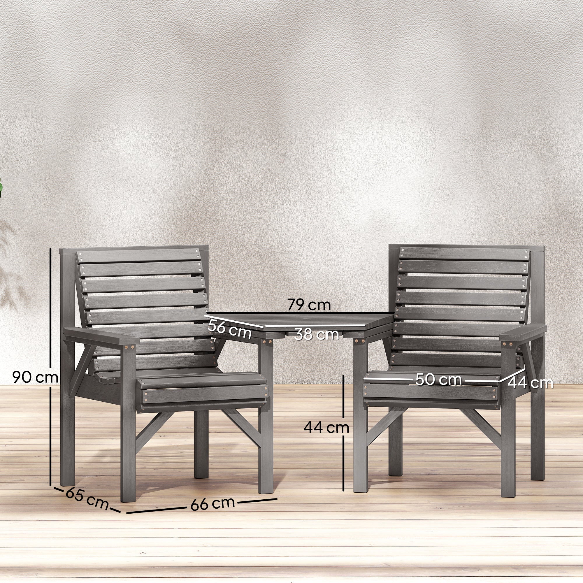 Outsunny Wooden Garden Bistro Set, 2 Seater Wooden Outdoor Table and Chairs with Parasol Hole for Patio, Light Grey