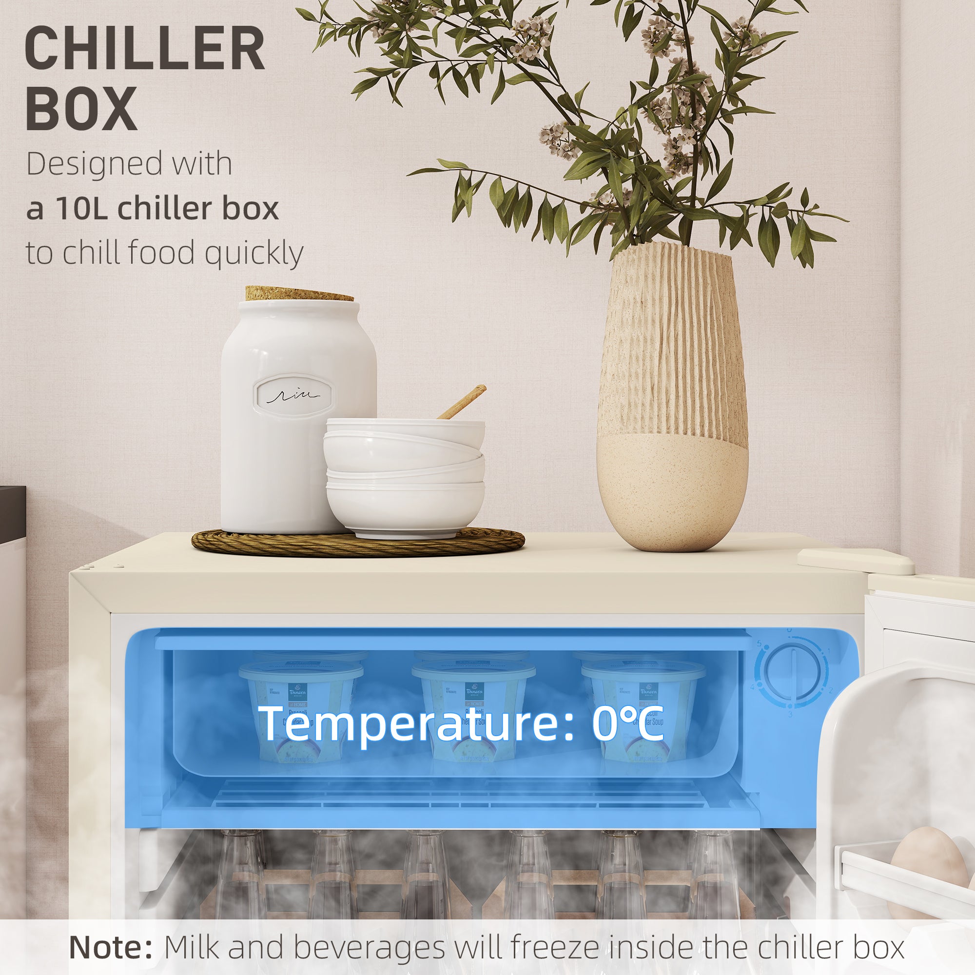 HOMCOM 91 Litre Freestanding Under Counter Fridge Freezer, Small Fridge with Chiller Box, Adjustable Thermostat, 47.5cm Wide, Beige