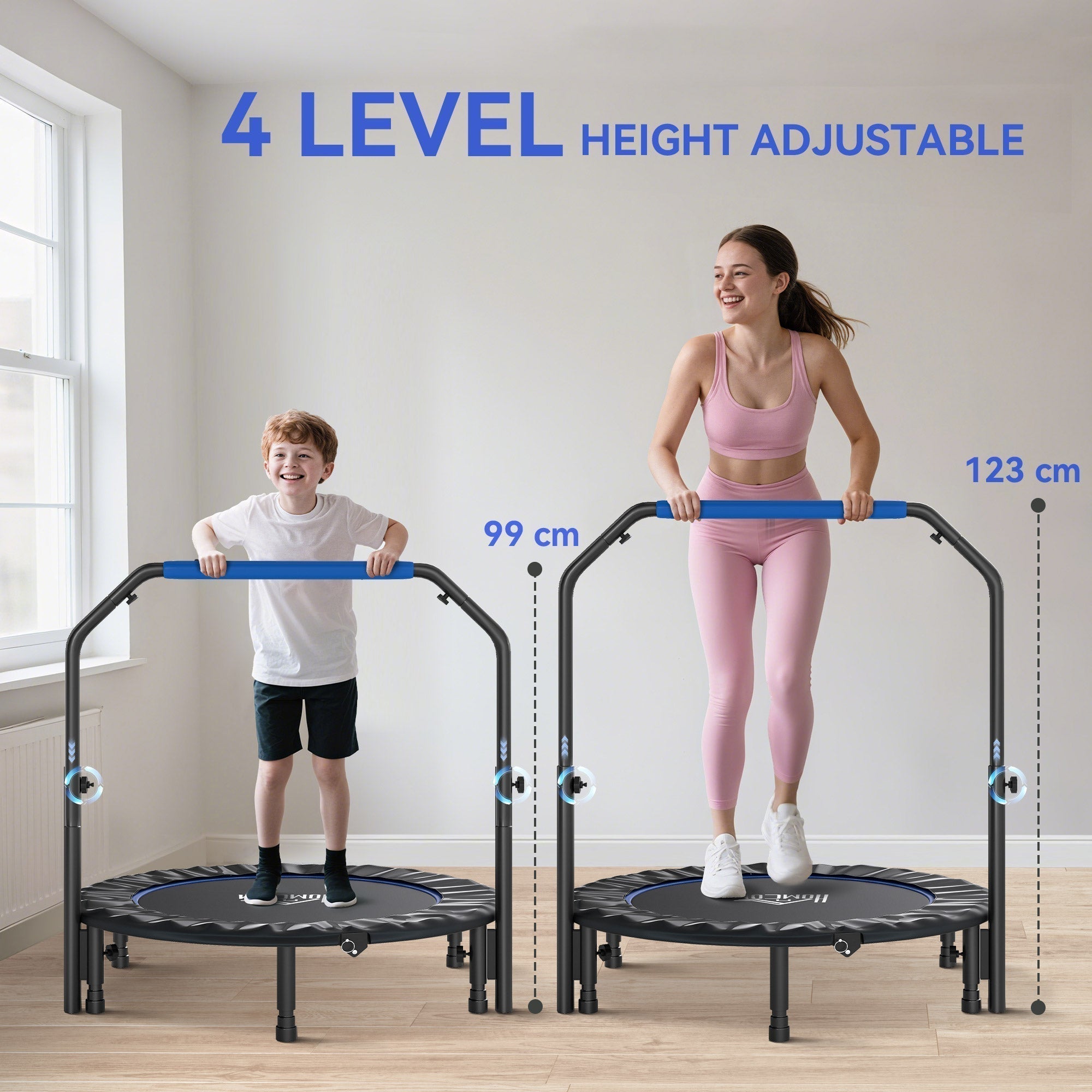 HOMCOM 45" Foldable Mini Fitness Trampoline, with Adjustable Foam Handle, Blue
