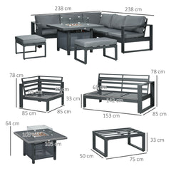 Outsunny 6-Piece Aluminium Garden Furniture Set with Fire Pit Table, Outdoor Dining Sofa Set with Cushions, Loveseats and Footstools, Sectional Corner Conservatory Furniture for Patio, Grey