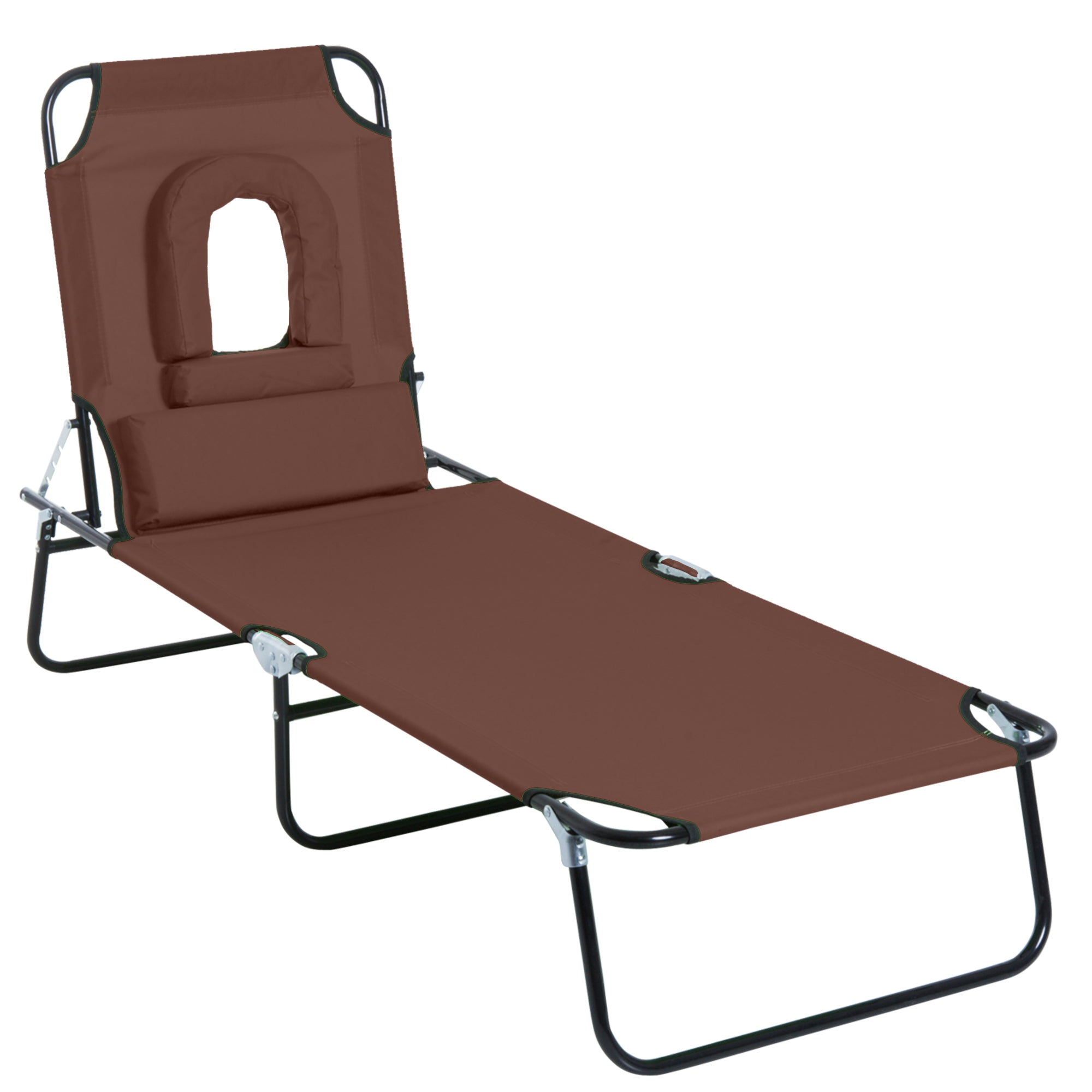Outsunny Outdoor Folding Sun Lounger with Face Hole, 4 Level Adjustable Backrest Reclining Garden Lounger, Garden Recliner Sunbed with 600 D Oxford Cloth Seat and Pillow for Beach, Brown