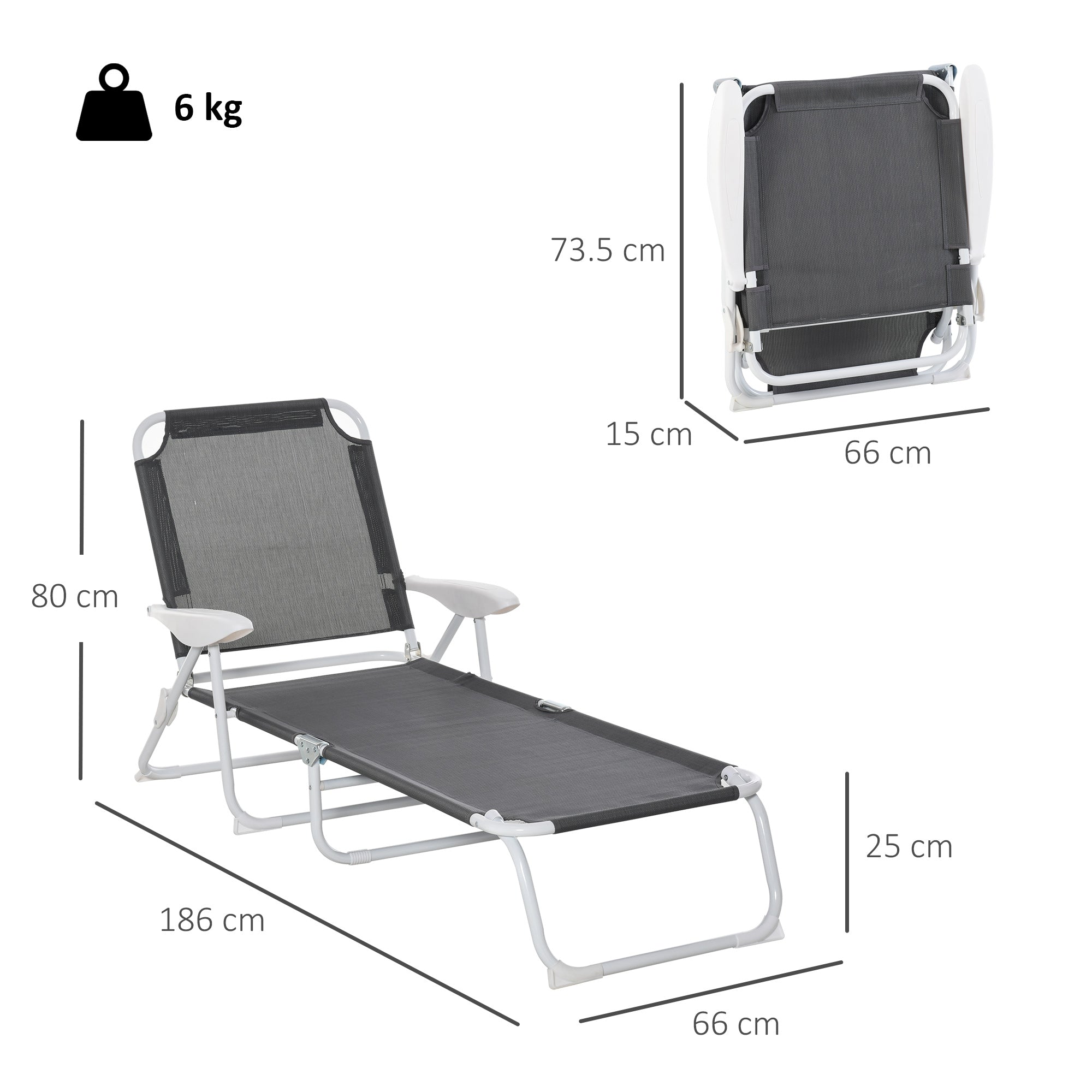 Outsunny Foldable Sun Lounger, Outdoor 4 Level Adjustable Backrest Reclining Lounge Chair with Armrests for Patio, Garden, Dark Grey
