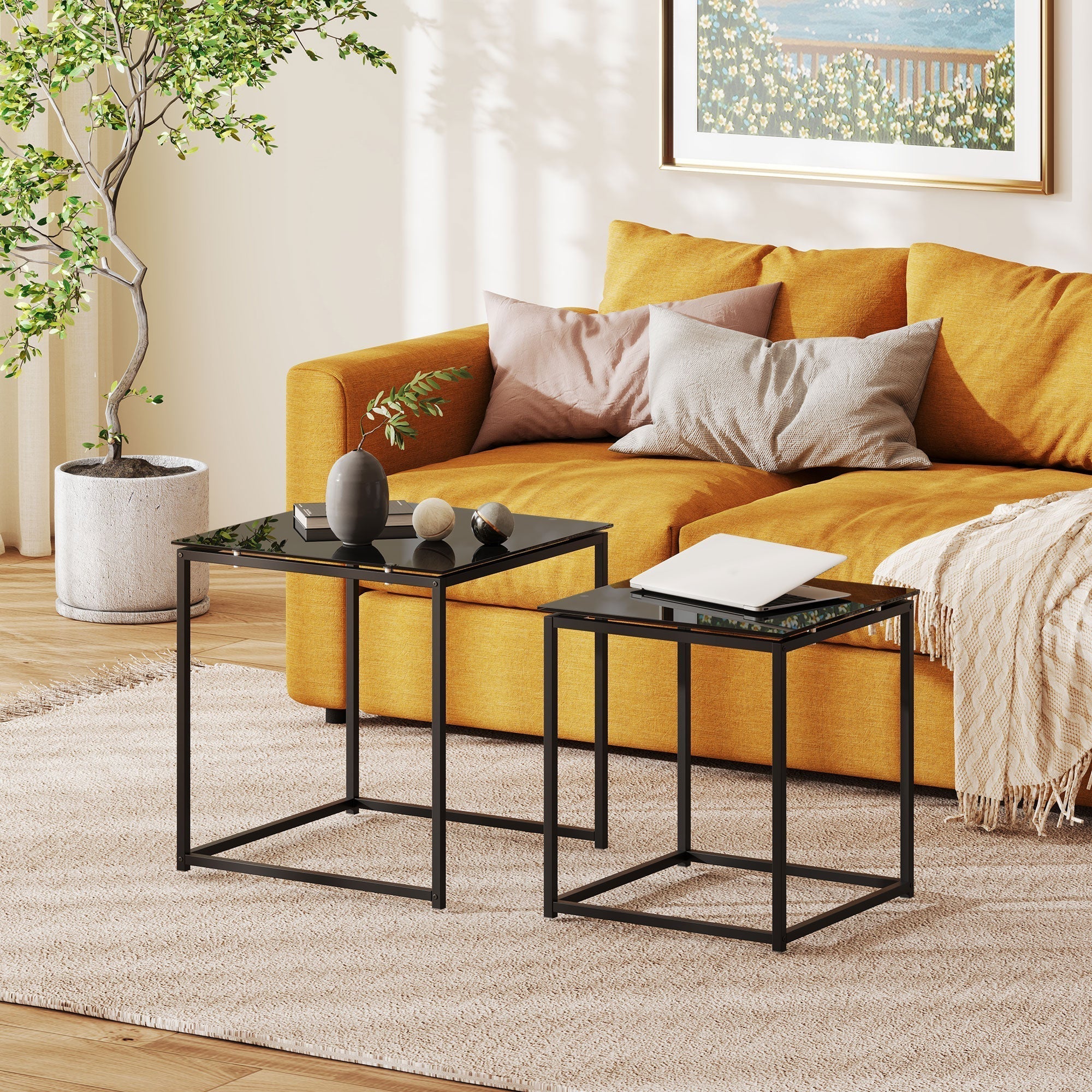 HOMCOM Nest of Tables, Set of 2 Coffee Table, Side Tables with Tempered Glass Desktop and Metal Frame for Living Room, Bedroom, Office, Black