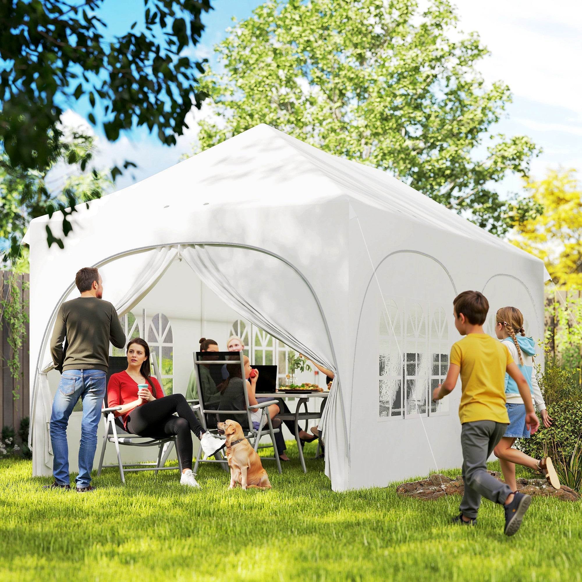 Outsunny 3 x 6m Pop Up Gazebo Shelter with Sides, 6 Sandbags, Peak Top Garden Party Tent Marquee with Carry Bag, Light Grey/White