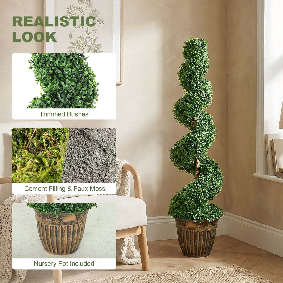 HOMCOM Set of 2 Artificial Plants, Topiary Spiral Boxwood Trees with Pot, for Home Indoor Outdoor Decor, 120cm
