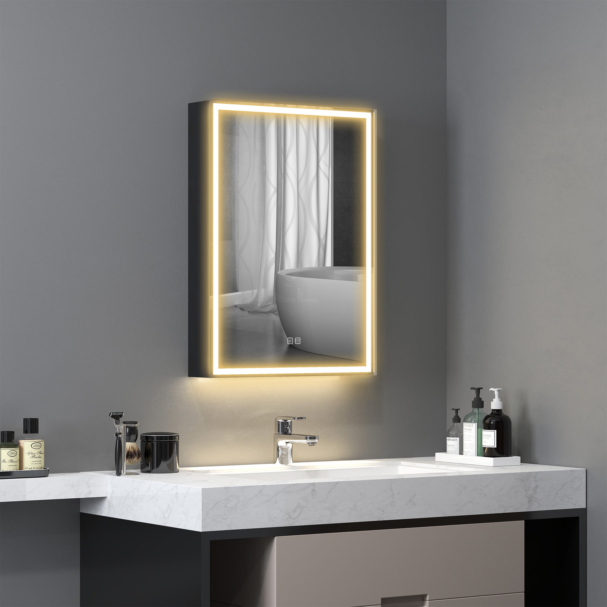 HOMCOM Bathroom Mirror Cabinet with LED Lights and Shaver Socket, 500 x 700 mm Wall Mounted Bathroom Cabinet with Mirror, Demister Pad, Dimmer, 3 Colours, Medicine Cabinet, Black