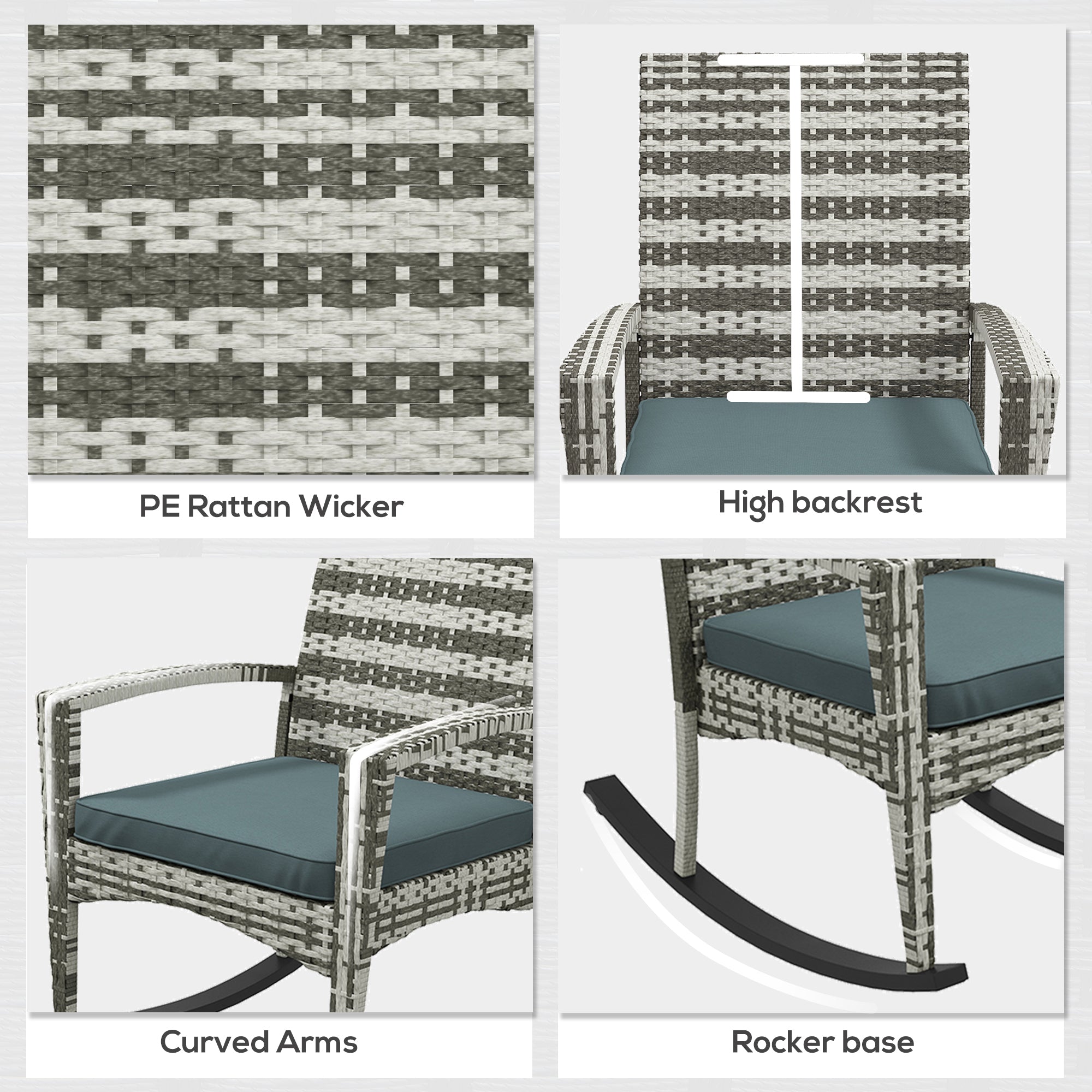 Outsunny PE Rattan Garden Rocking Chair, Outdoor Rocking with Cushion, 160 KG Capacity Wicker Garden Armchair Rocker with Metal Frame for Patio, Porch, Balcony, Light Grey