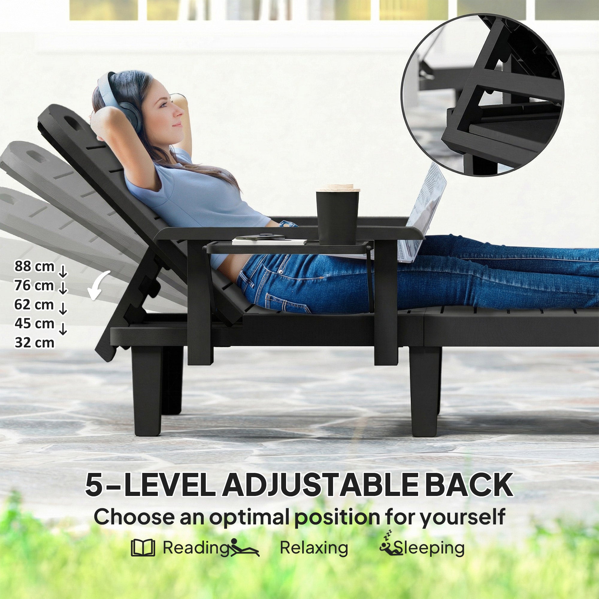 Outsunny Set of 2 Reclining Sun Loungers, 5 Positions Adjustable Outdoor Chaise Lounge Chair with Armrests, Black