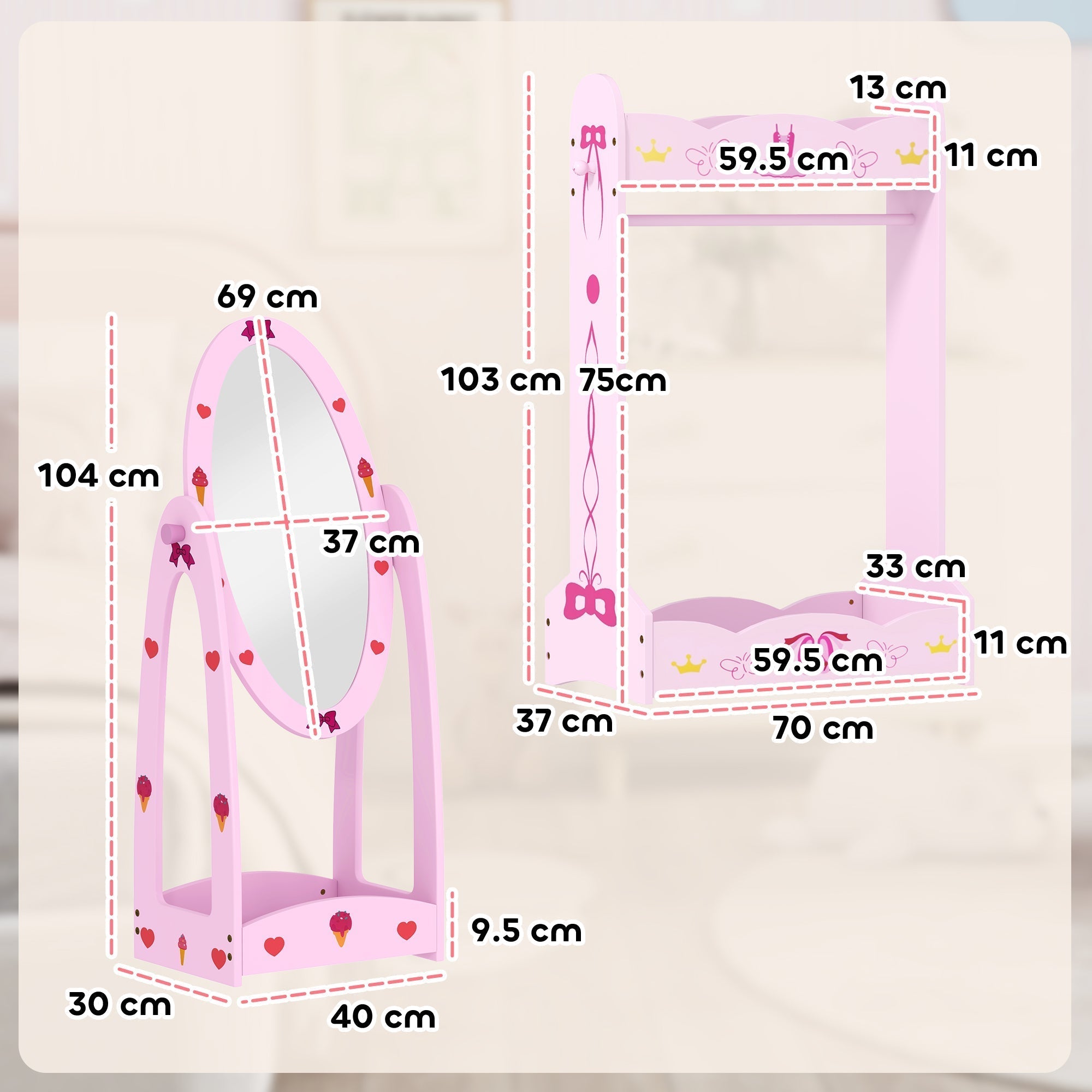 AIYAPLAY Kids Clothes Rail, Kids Dressing Mirror with 360 Rotating, 2 Piece Kids Furniture Set with Storage Shelves, Pink