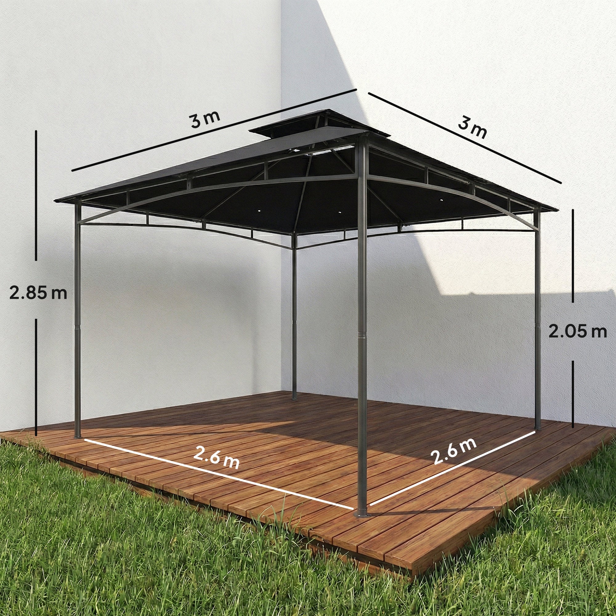 Outsunny 3 x 3 m Gazebo, Garden Gazebo with 2-Tier Roof, Metal Frame, Black