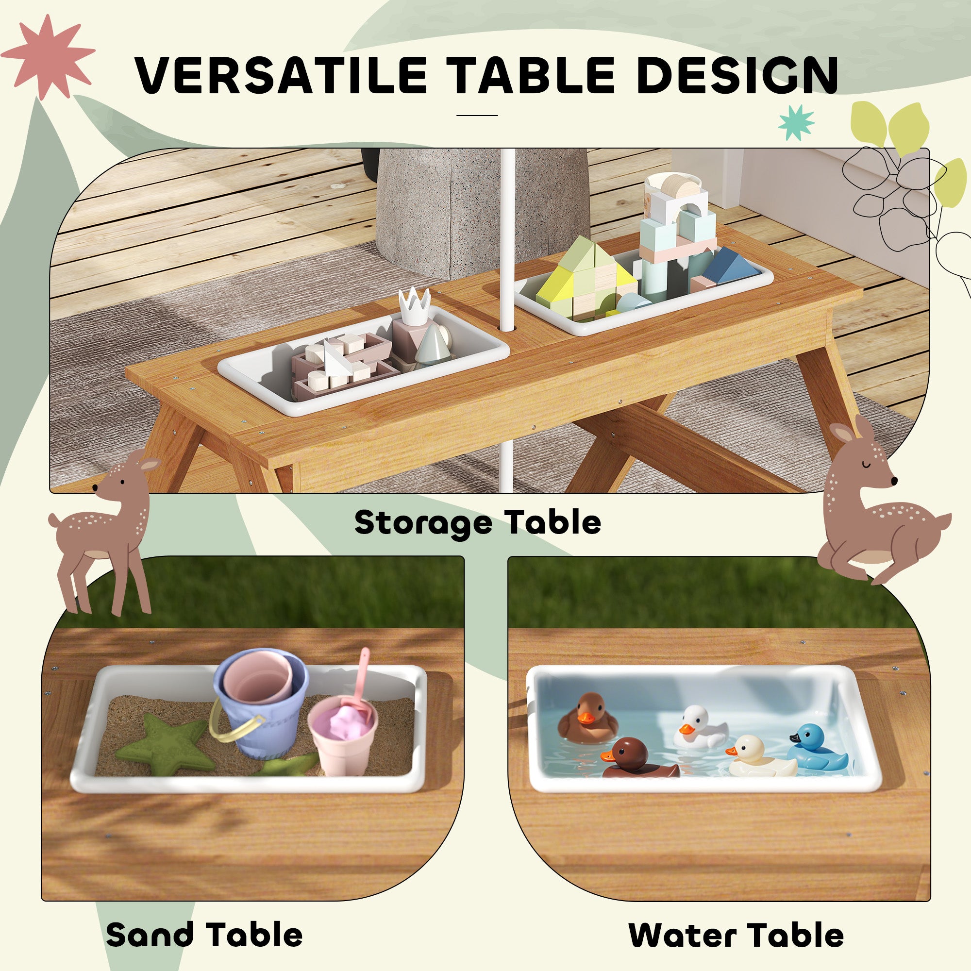 AIYAPLAY Kids Picnic Table, Sand and Water Table with Wooden Benches, Adjustable Parasol and Storage Bins, Multicolour