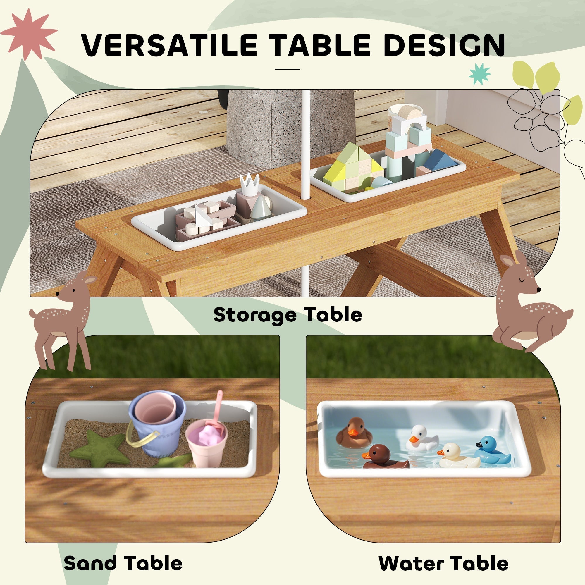 AIYAPLAY Kids Picnic Table, Sand and Water Table with Wooden Benches, Adjustable Parasol and Storage Bins, Multicolour