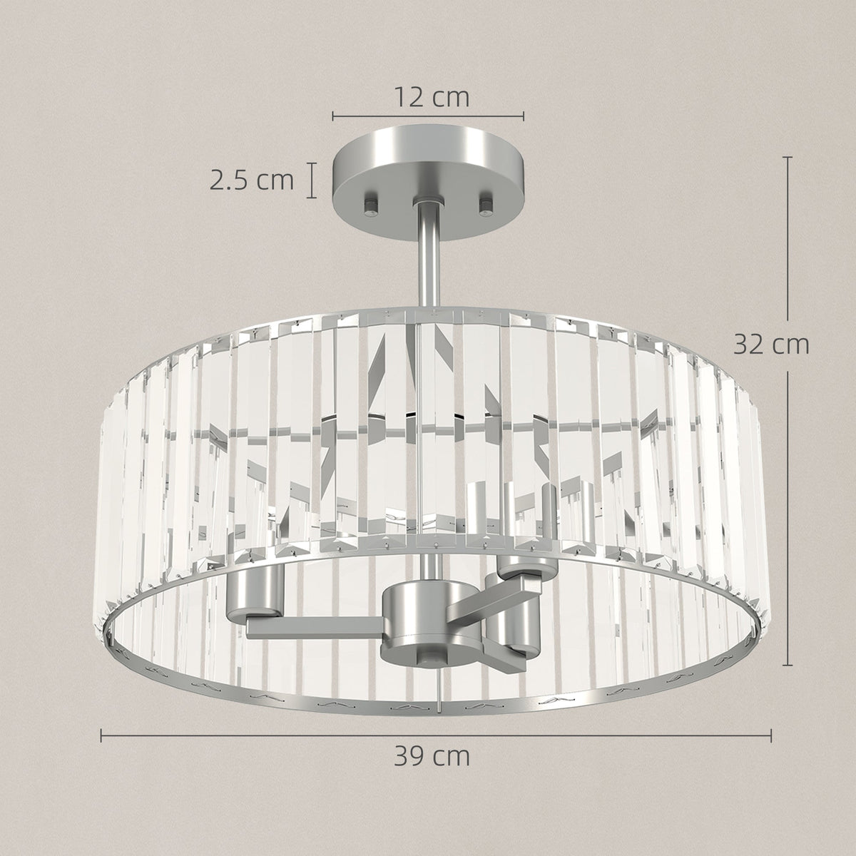 HOMCOM Crystal Ceiling Light Fixture Set of 2, Semi Flush Mount Modern Chandelier for Living Room, Bedroom and Hallway, 3-Lights with E14 Base, Silver Tone