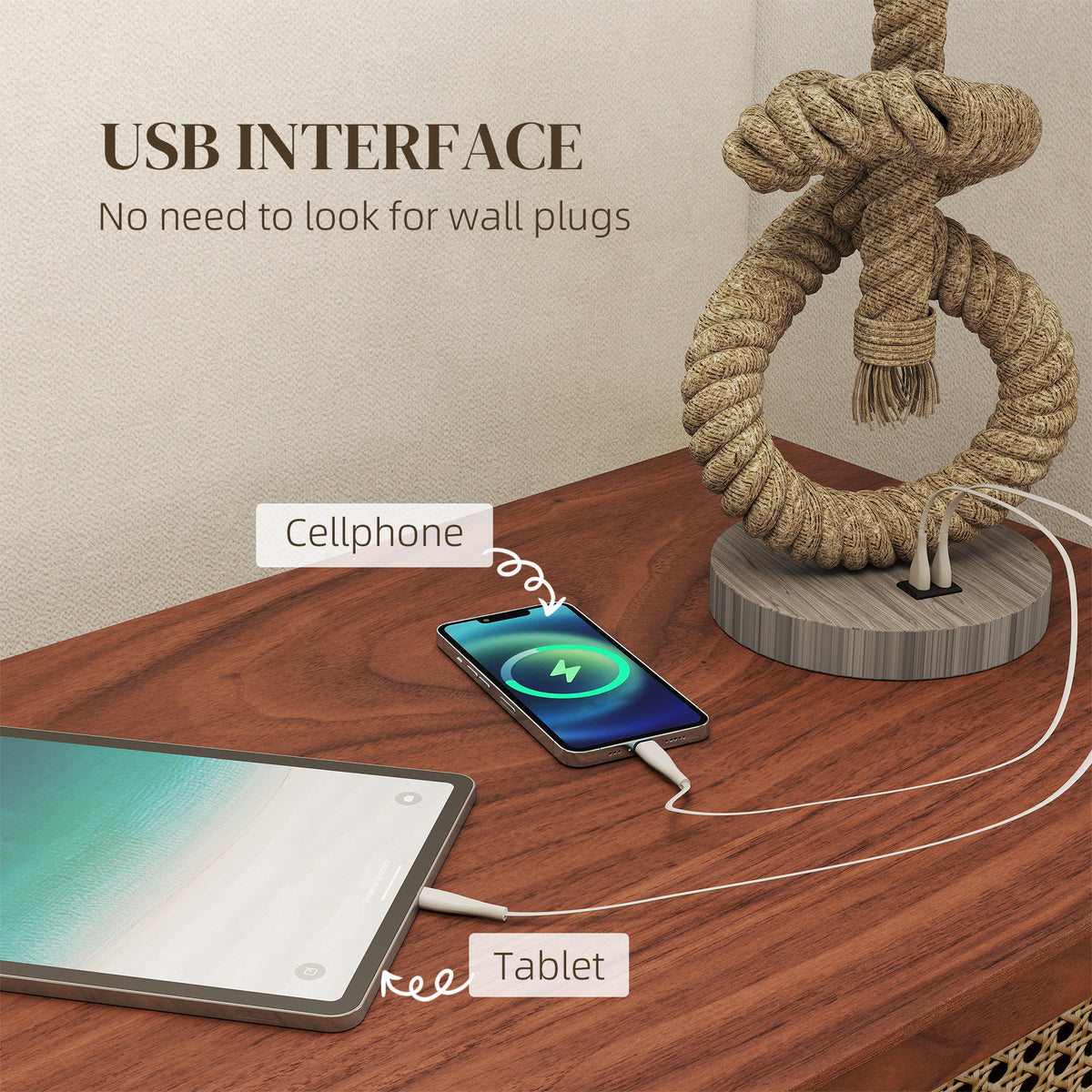 HOMCOM Nautical Table Lamps Set of 2 with USB Charging Port, Bedside Lamps for Bedroom Living Room, Warm White LED Bulb Included, with Hemp Rope, Natural