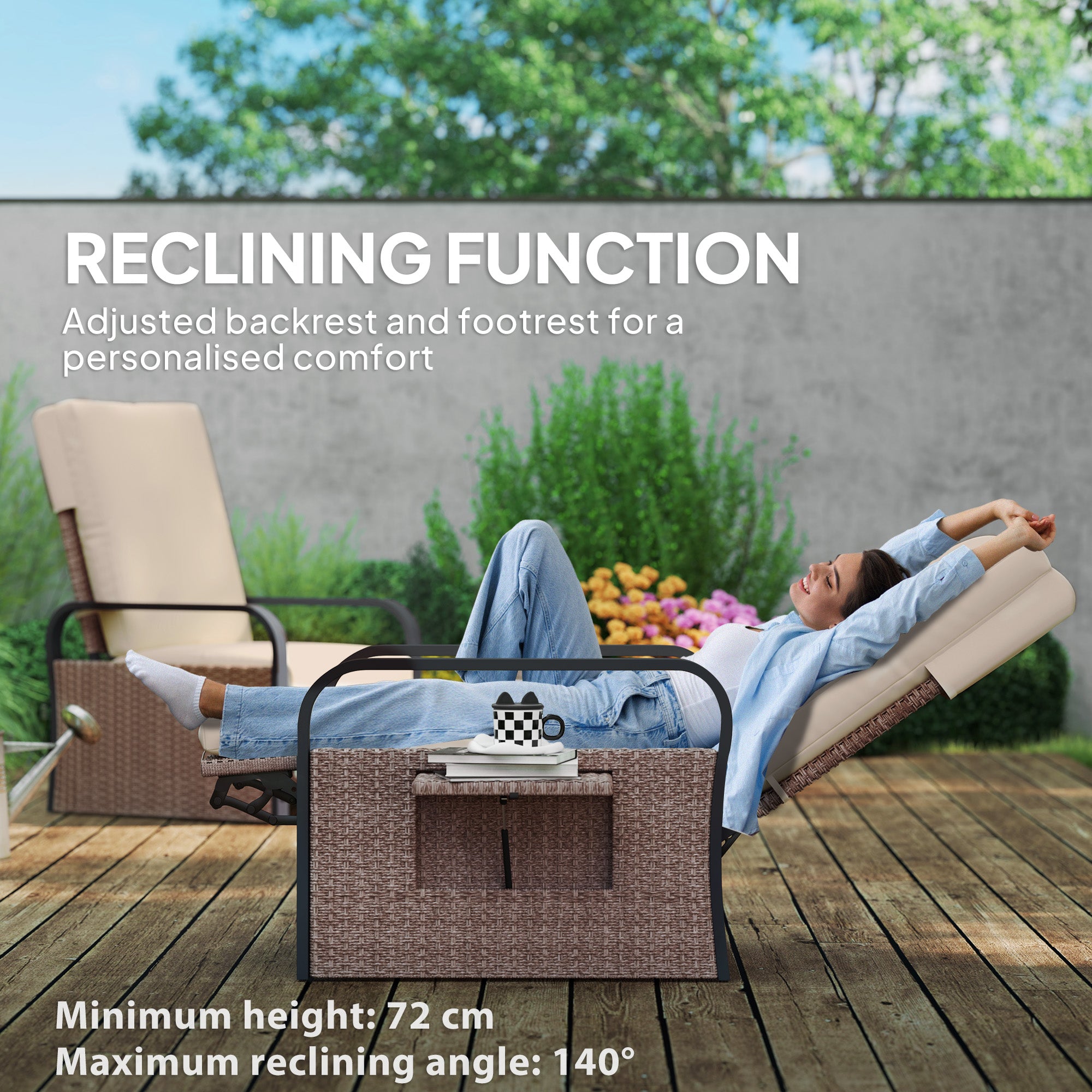 Outsunny 140√Ç¬∞ Reclining Rattan Armchair - Brown/Khaki