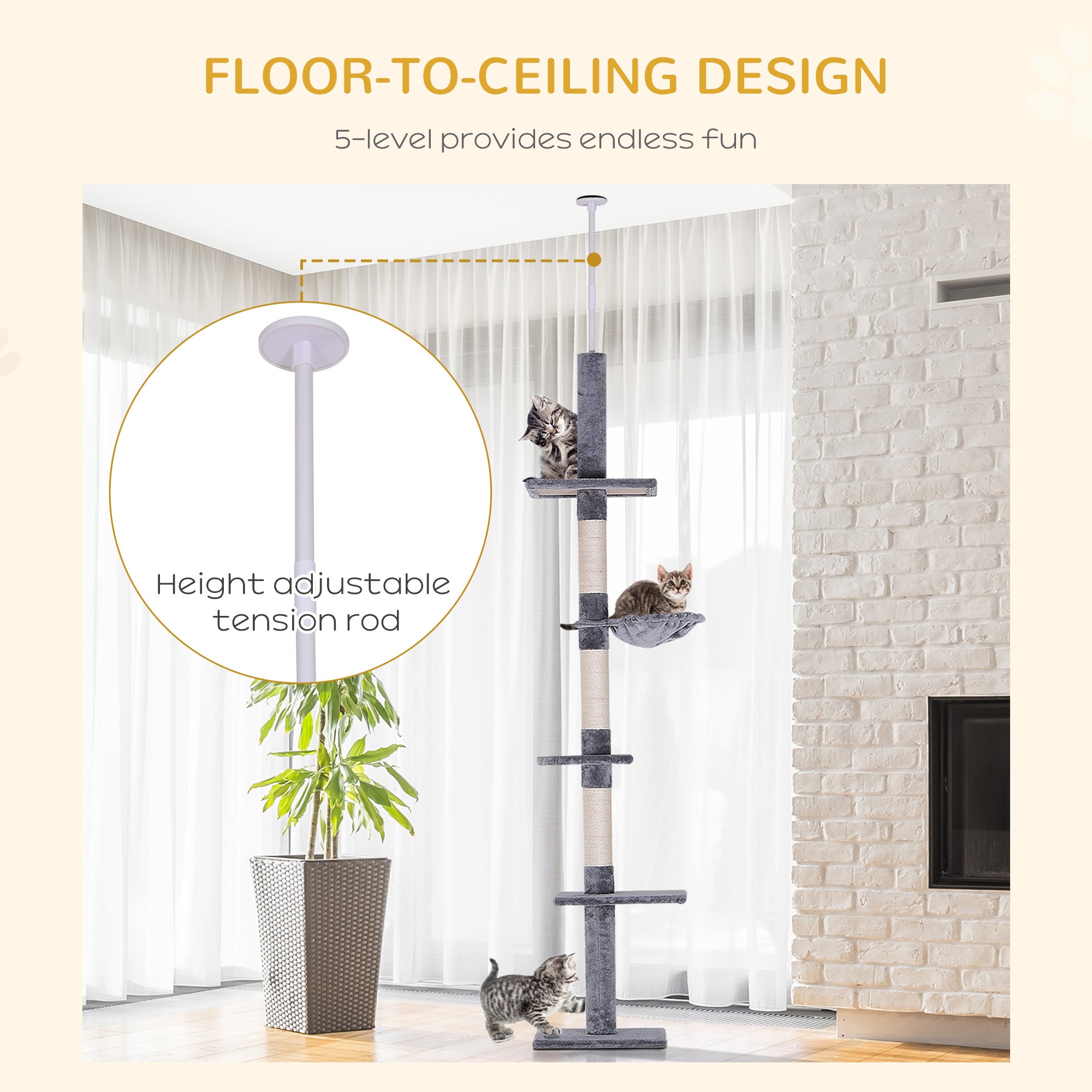 PawHut Floor to Ceiling Cat Tree for Indoor Cats 5-Tier Kitty Tower Climbing Activity Center Scratching Post Adjustable Height 230-260 cm Grey