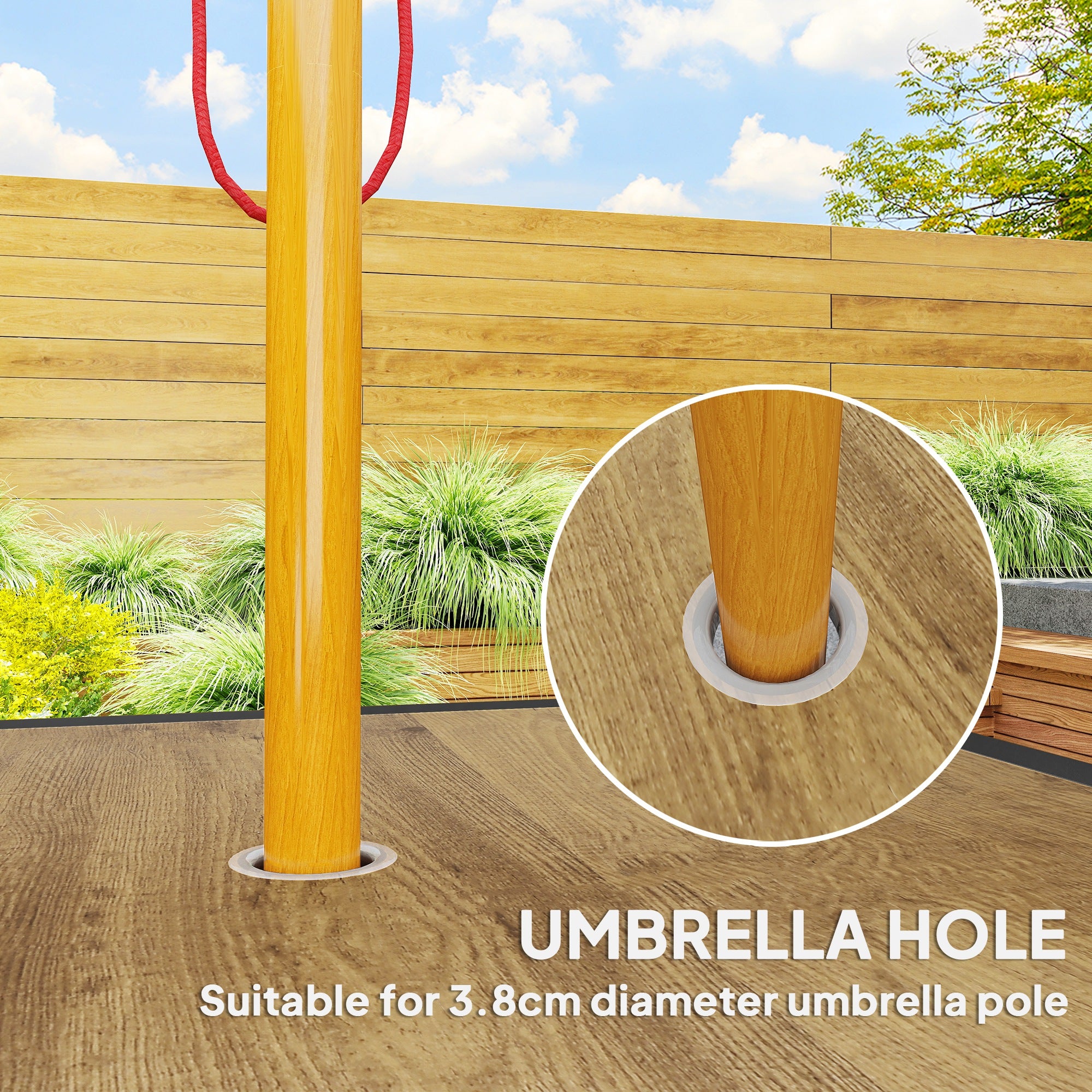 Outsunny Outdoor Garden Table Dining Table for 4 with Parasol Hole, Stone-Grain Effect PC Board Top for Patio, Garden, Brown