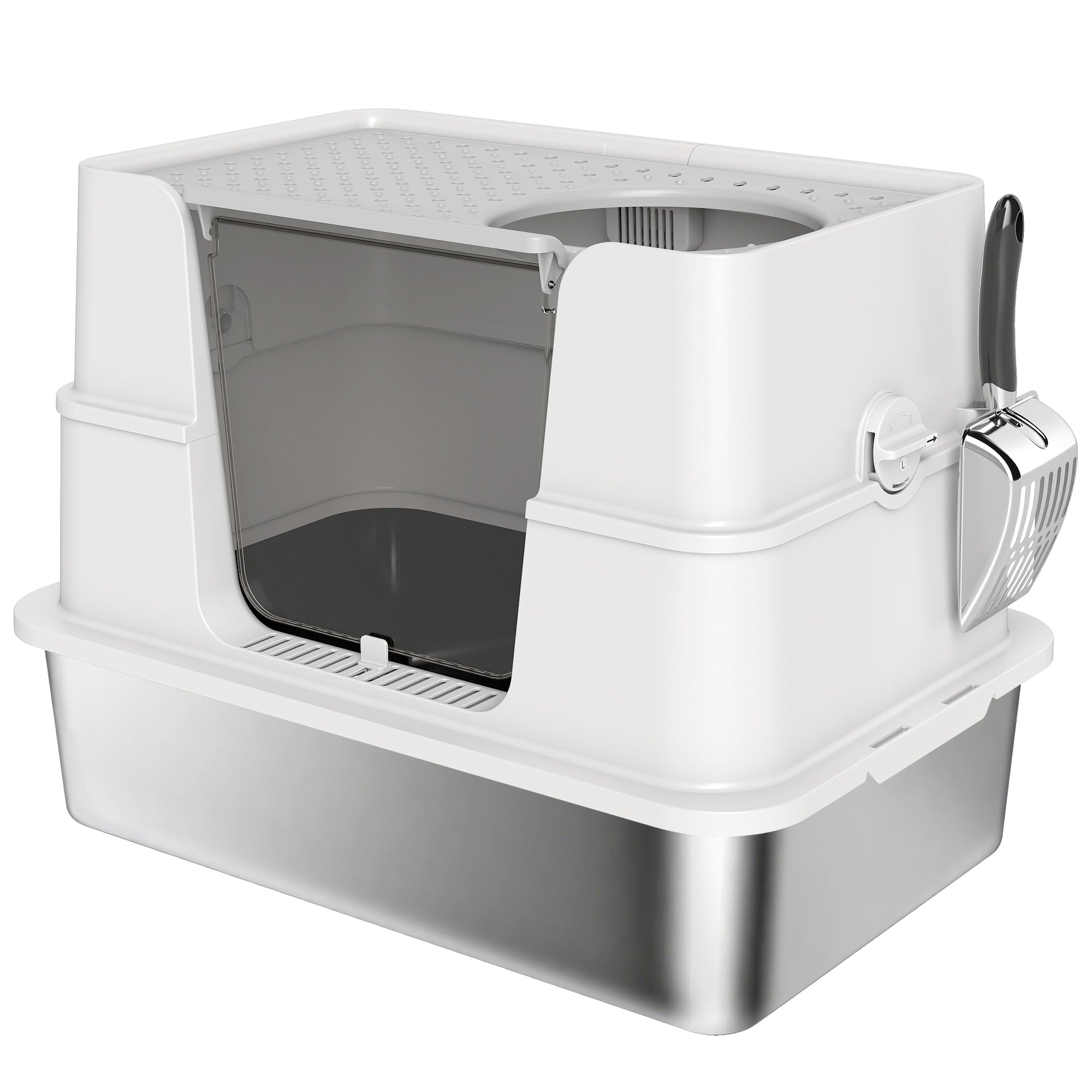 PawHut XL Stainless Steel Litter Box w/ 100Â° Flip Top, Scoop, Side Top Dual Entry, Odor Free, Easy Cleaning, Anti Leakage