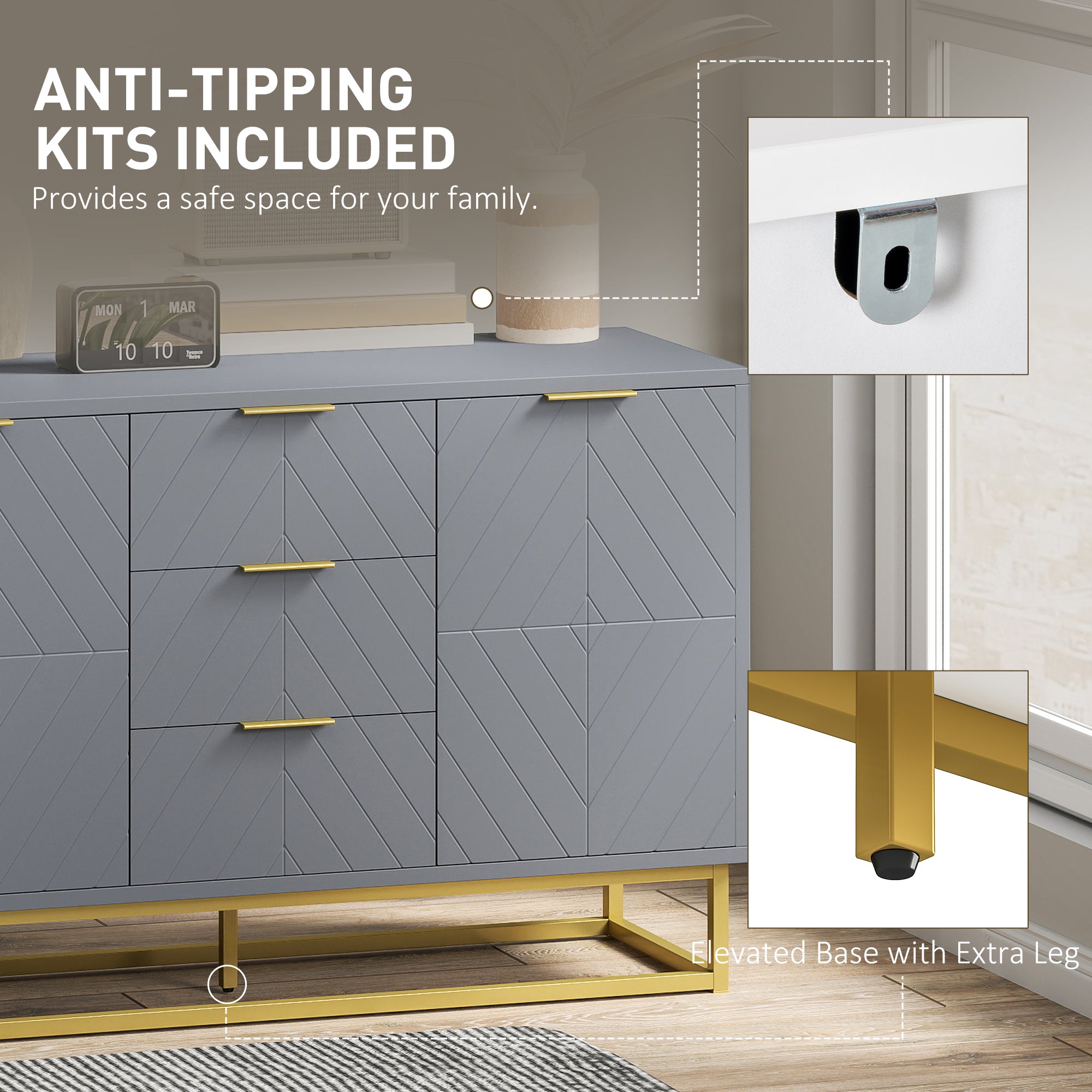 HOMCOM Sideboard with 3 Drawers and Adjustable Shelves for Living Room - Grey