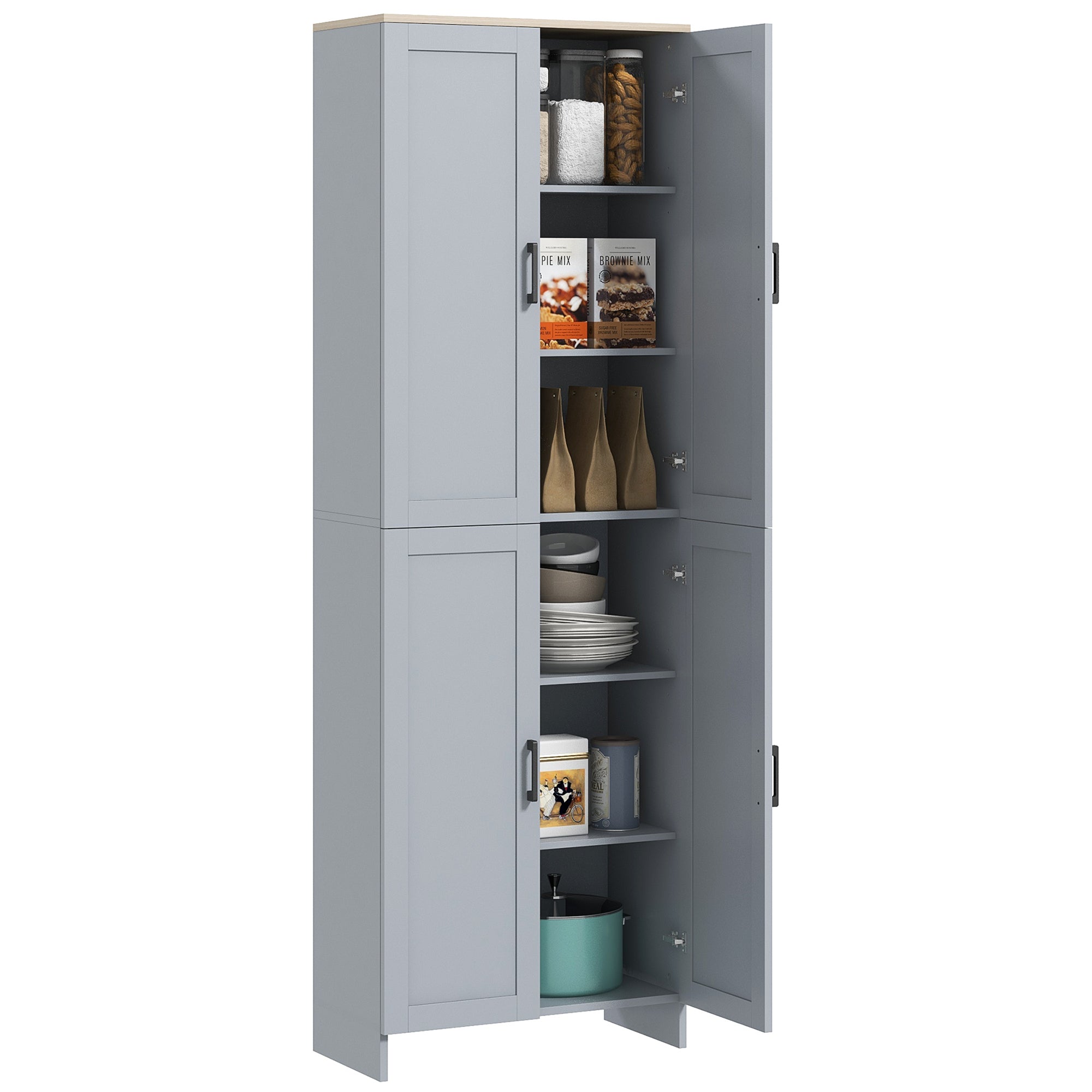 HOMCOM Freestanding Kitchen Cupboard, 4-Door Storage Cabinet with Adjustable Shelves, Modern Kitchen Pantry for Dining Room, 170cm, Grey