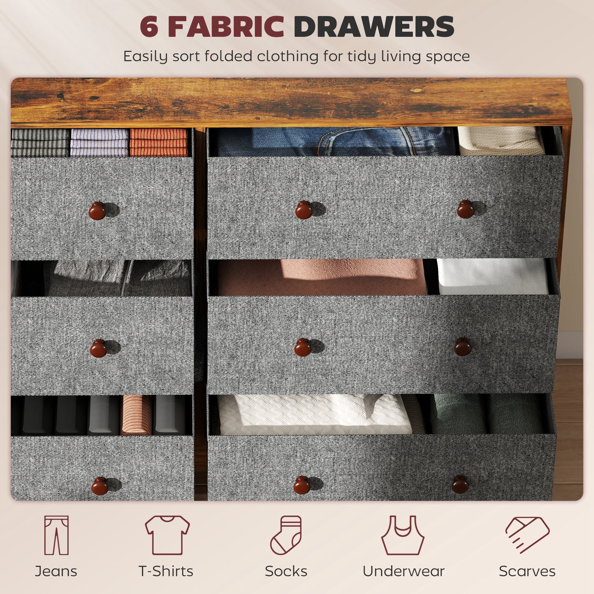 HOMCOM Chest of Drawers, Dresser with 6 Fabric Drawers - Grey and Rustic Brown