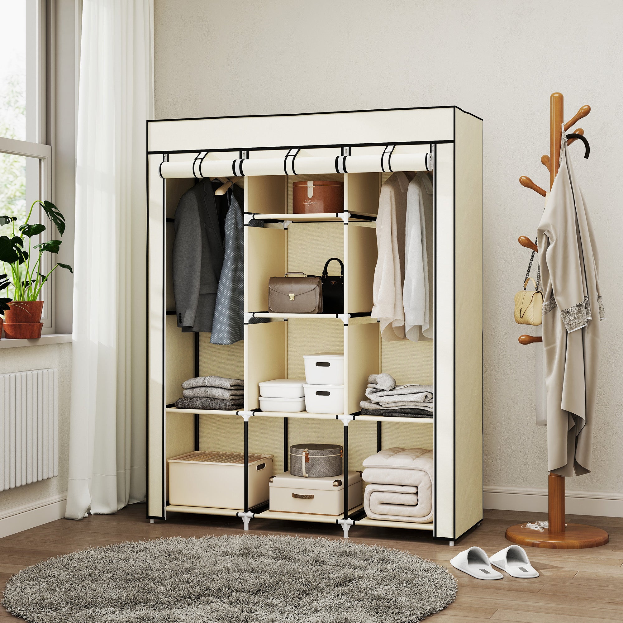 HOMCOM Fabric Wardrobe, with Rails and Shelves - Cream White