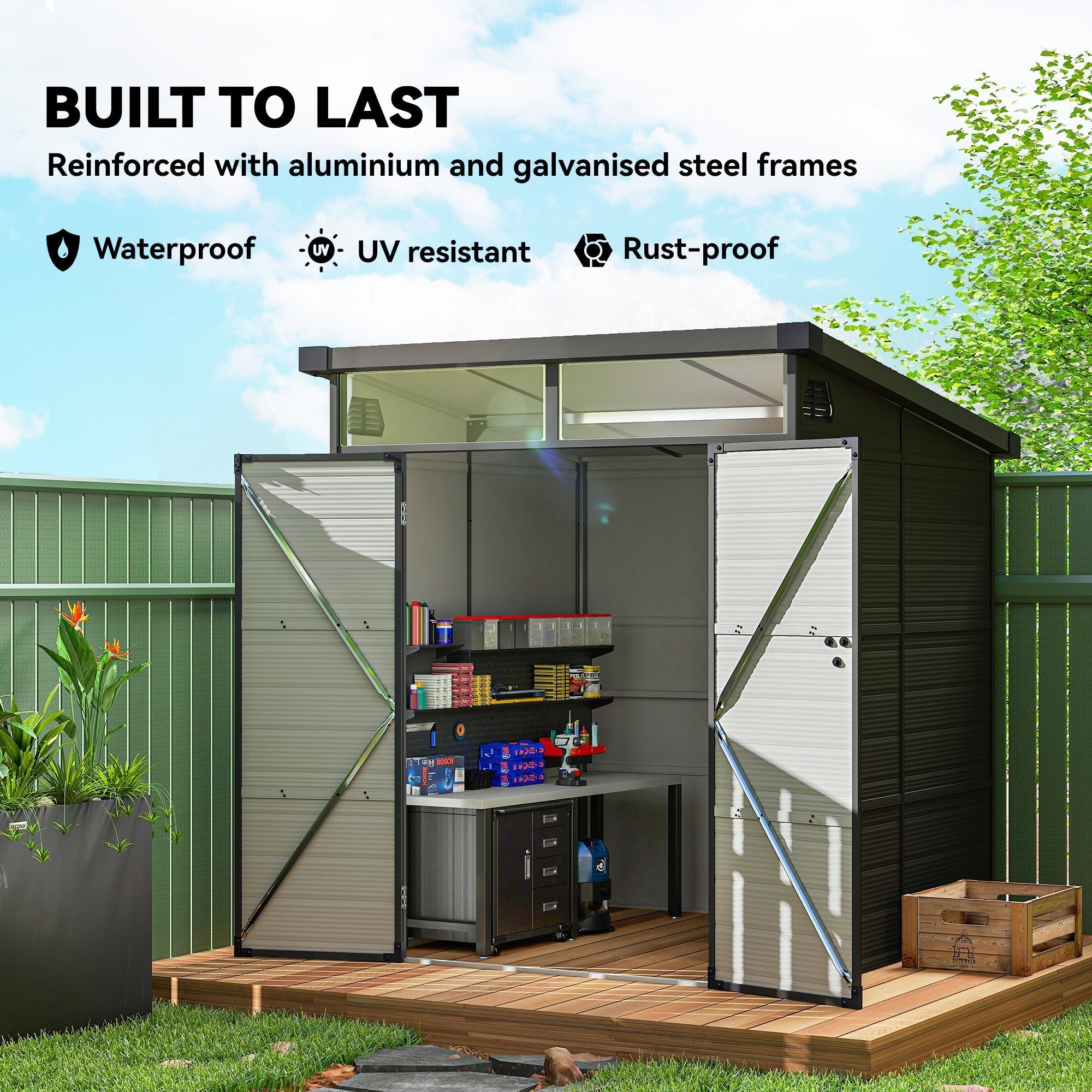 Outsunny 6 x 6ft Outdoor Storage Shed, Plastic Garden Shed with Windows and Air Vents, Outdoor Resin Tool Shed with Latch Doors for Garden, Deck, Dark Grey