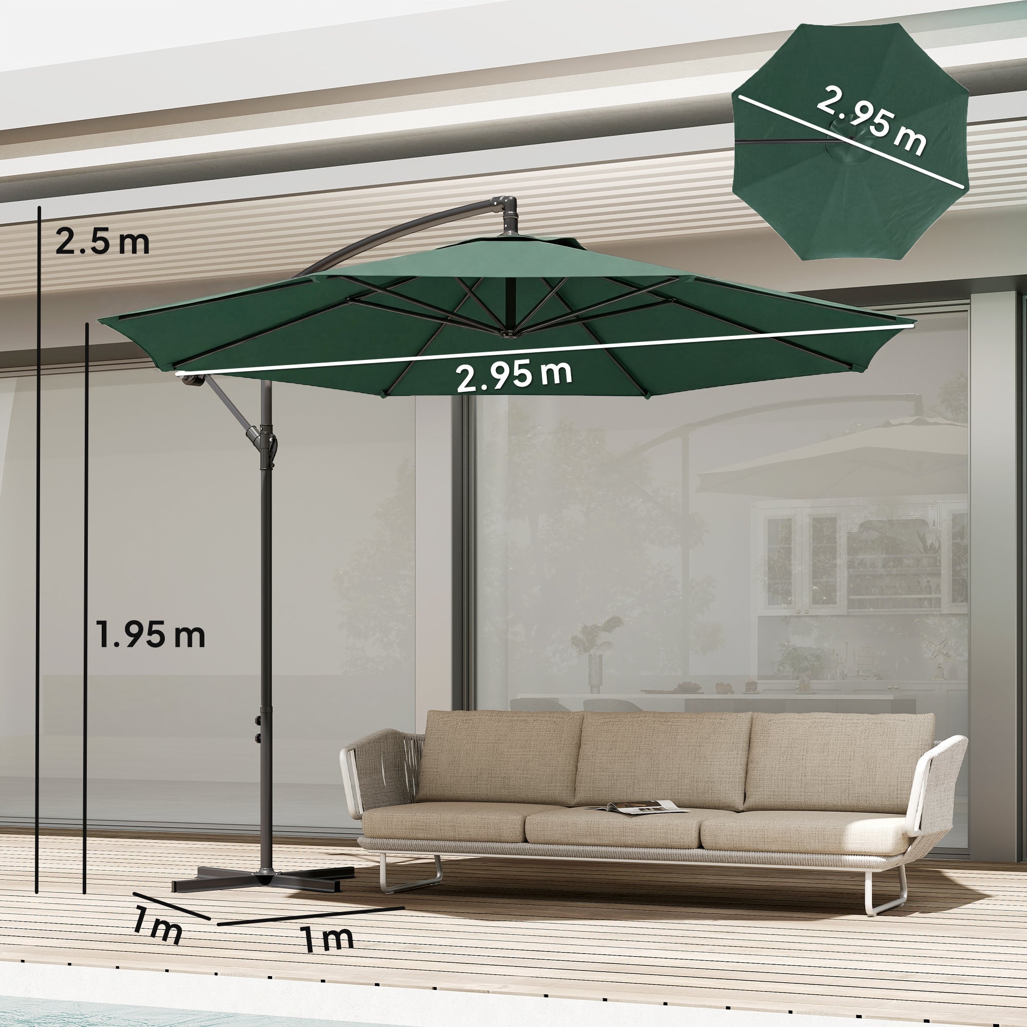 Outsunny 3 m Overhanging Cantilever Parasol, with Cross Base - Dark Green