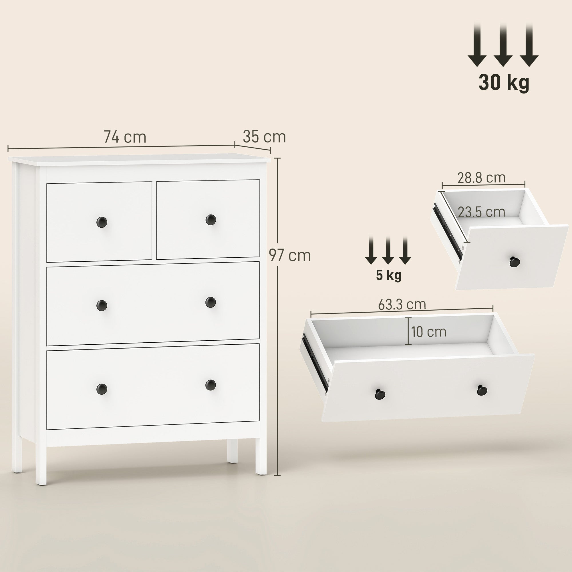 HOMCOM Modern Chest of Drawers, 4 Drawer Dresser Clothes Storage Organiser for Living Room, Hallway, Entryway, White