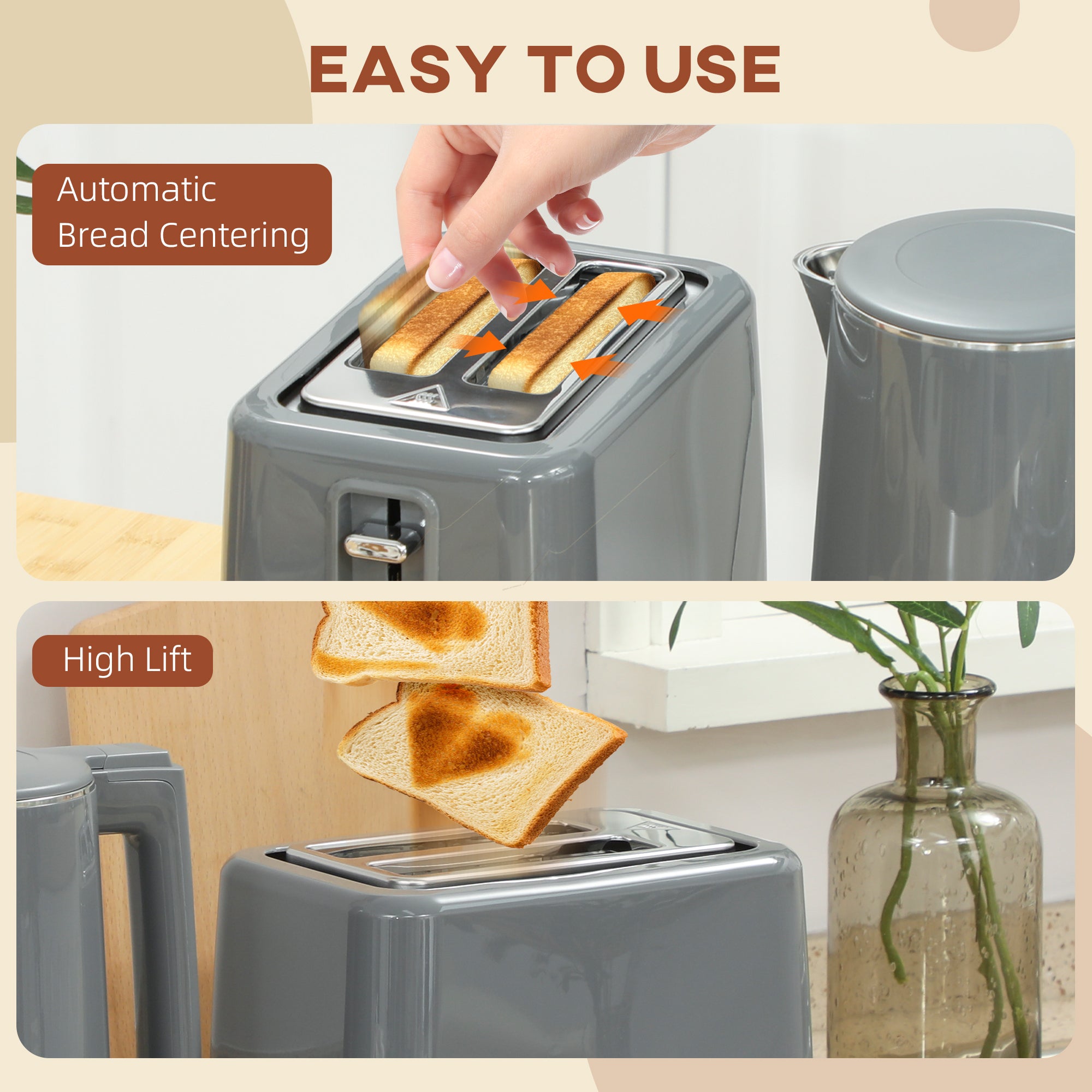 HOMCOM Digital Kettle and Toaster Set, 1.5L 3000W Fast Boil Kettle, 2 Slice Toaster Kitchen Set with 7 Level Browning Controls, Defrost, Reheat, Keep Warm, Crumb Tray and LED Touch Display, Grey