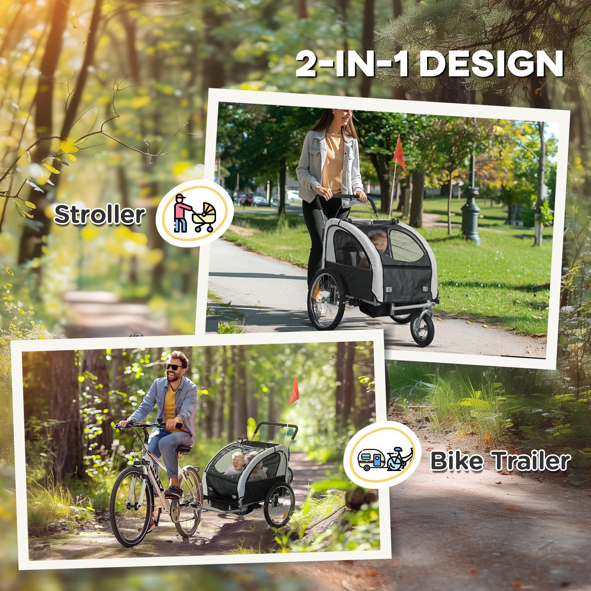 HOMCOM 2 Seat Bike Trailer with 5 Point Harness, Baby Bike Stroller with Safety Flag, Reflectors, for 18+ Months, Black