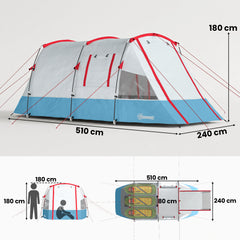 Outsunny 3 Person Tunnel Tent, Large Camping Tent with Bedroom, Living Room, Sewn-in Floor, 3 Doors, Carry Bag, 2000mm for Fishing, Hiking, Sports, Travelling, 510L x 240W x 180H cm, Blue