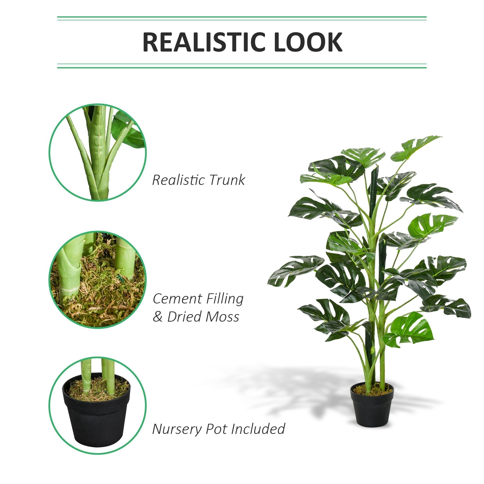 Outsunny 100cm/3.3FT Artificial Monstera Tree Decorative Cheese Plant 21 Leaves with Nursery Pot, Fake Tropical Palm Tree for Indoor Decor