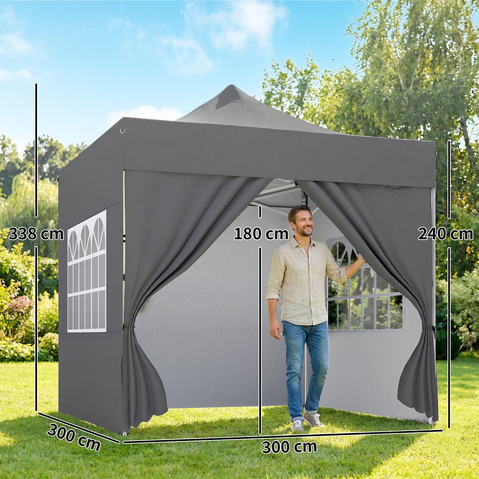 Outsunny 3 x 3 m Pop Up Gazebo with Sidewalls, UPF50+ Heavy Duty Garden Party Tent Marquee with Wheeled Carry Bag, Dark Grey