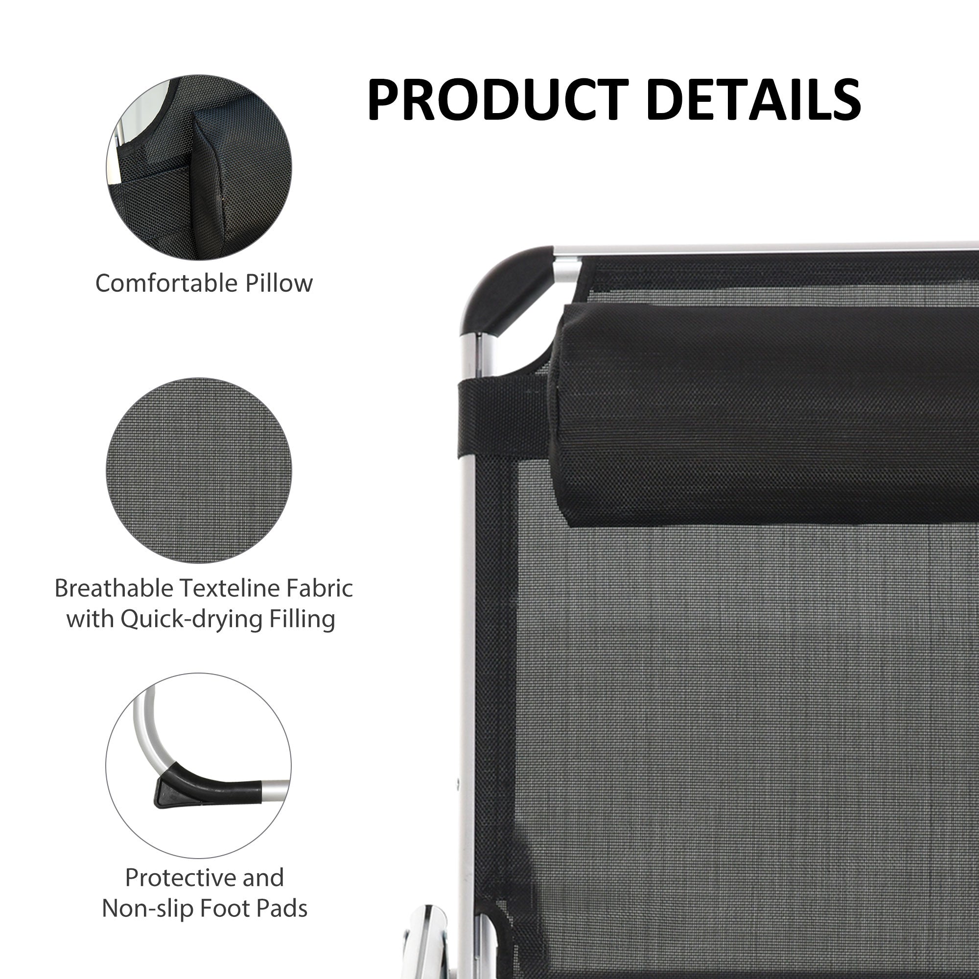 Outsunny Foldable Outdoor Sun Loungers Set of 2, Reclining Lounge Chair Camping Bed Cot with Pillow 4-Level Adjustable Back Aluminium Frame, Black