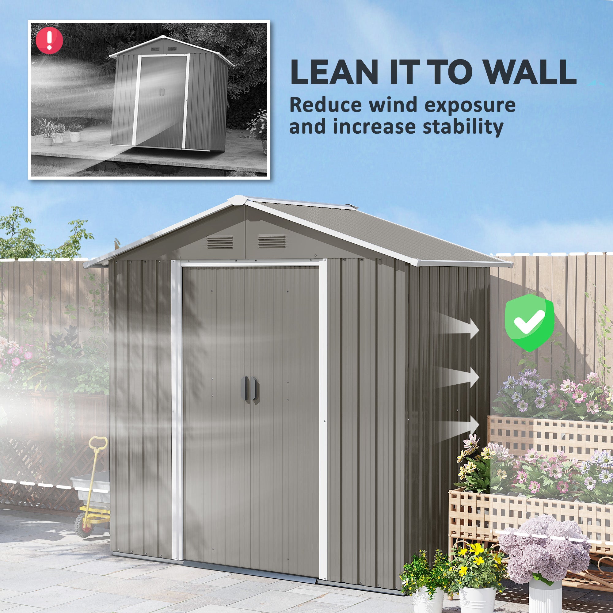 Outsunny 6.5ft x 3.5ft Metal Garden Storage Shed for Outdoor Tool Storage with Double Sliding Doors and 4 Vents, Grey