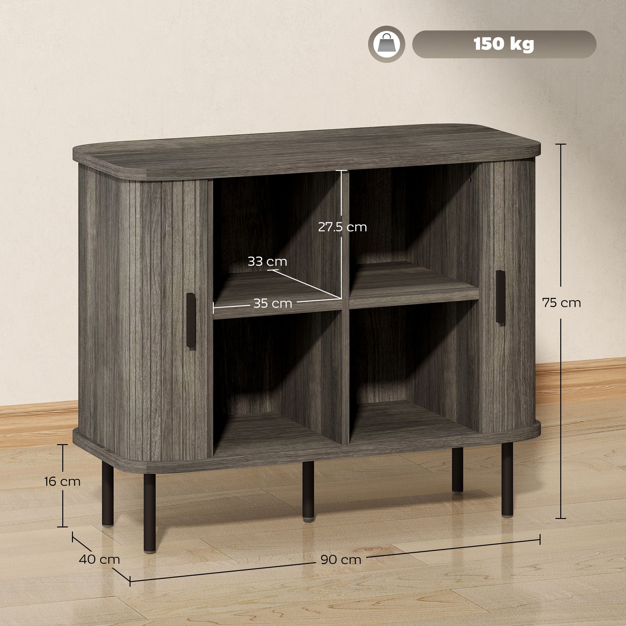 HOMCOM Mid-Century Modern Sideboard Storage Cabinet with Slatted Tambour Sliding Doors, Kitchen Cabinet with Steel Legs, Grey