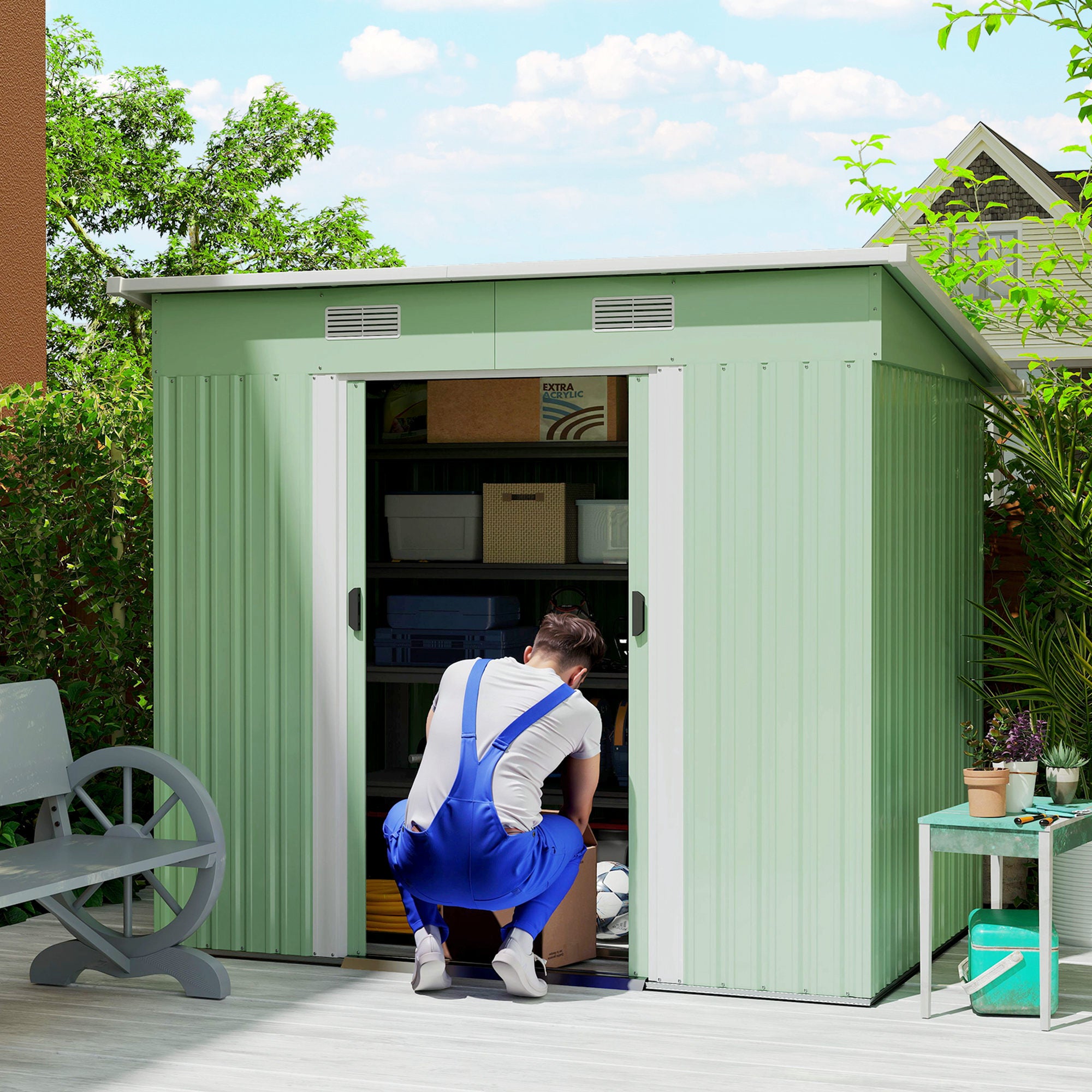 Outsunny 7 x 4ft Outdoor Garden Metal Storage Shed, Tool Storage Box for Backyard, Patio and Lawn, Light Green